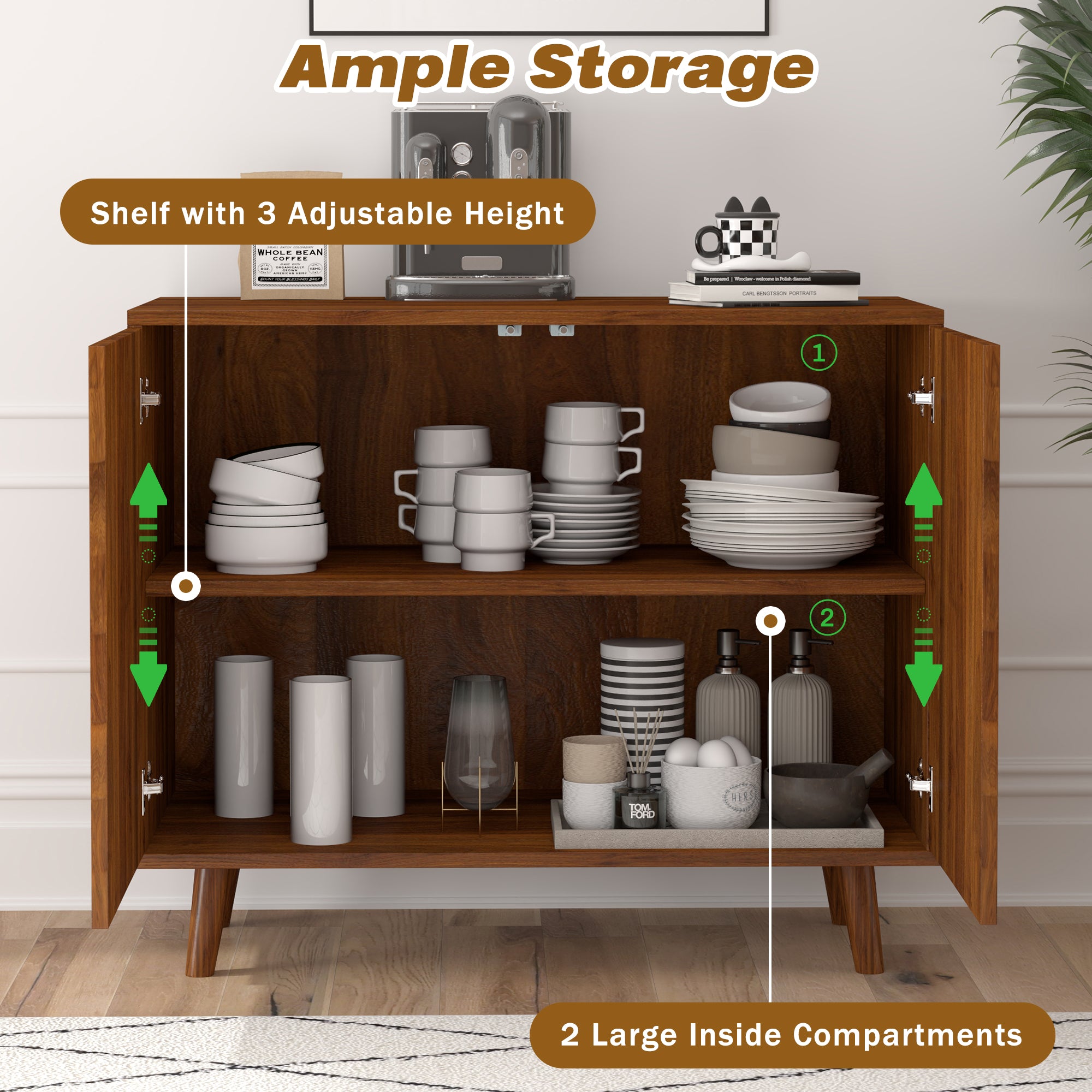 Accent Cabinet with Carving Lines, Modern Buffet Sideboard with Adjustable Shelves, Decorative Storage Cabinets for Bedroom Living Room Kitchen Office Entryway and Hallway