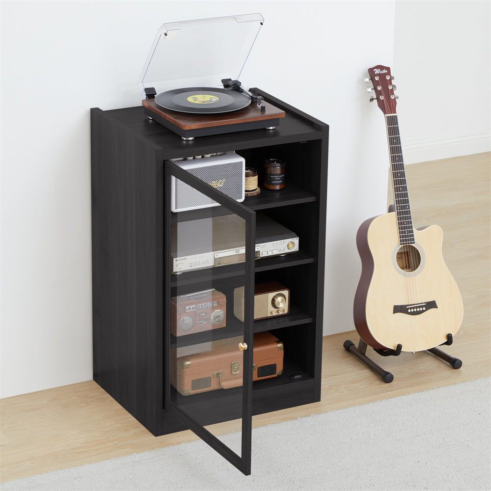 Record Player Stand, 4 Tier Media Storage Cabinet with Adjustable Shelves and Acrylic Door