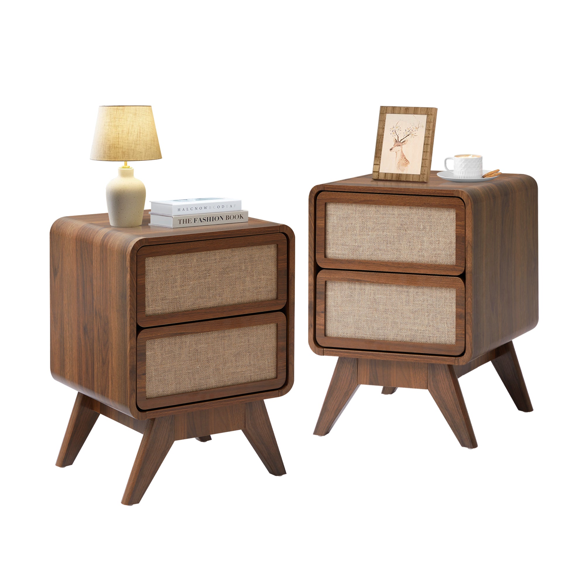 YOCWO Linen Nightstand Set of 2 with 2 Drawer for Bedroom, Mid Century Bedside Table with Curved Edges, Walnut