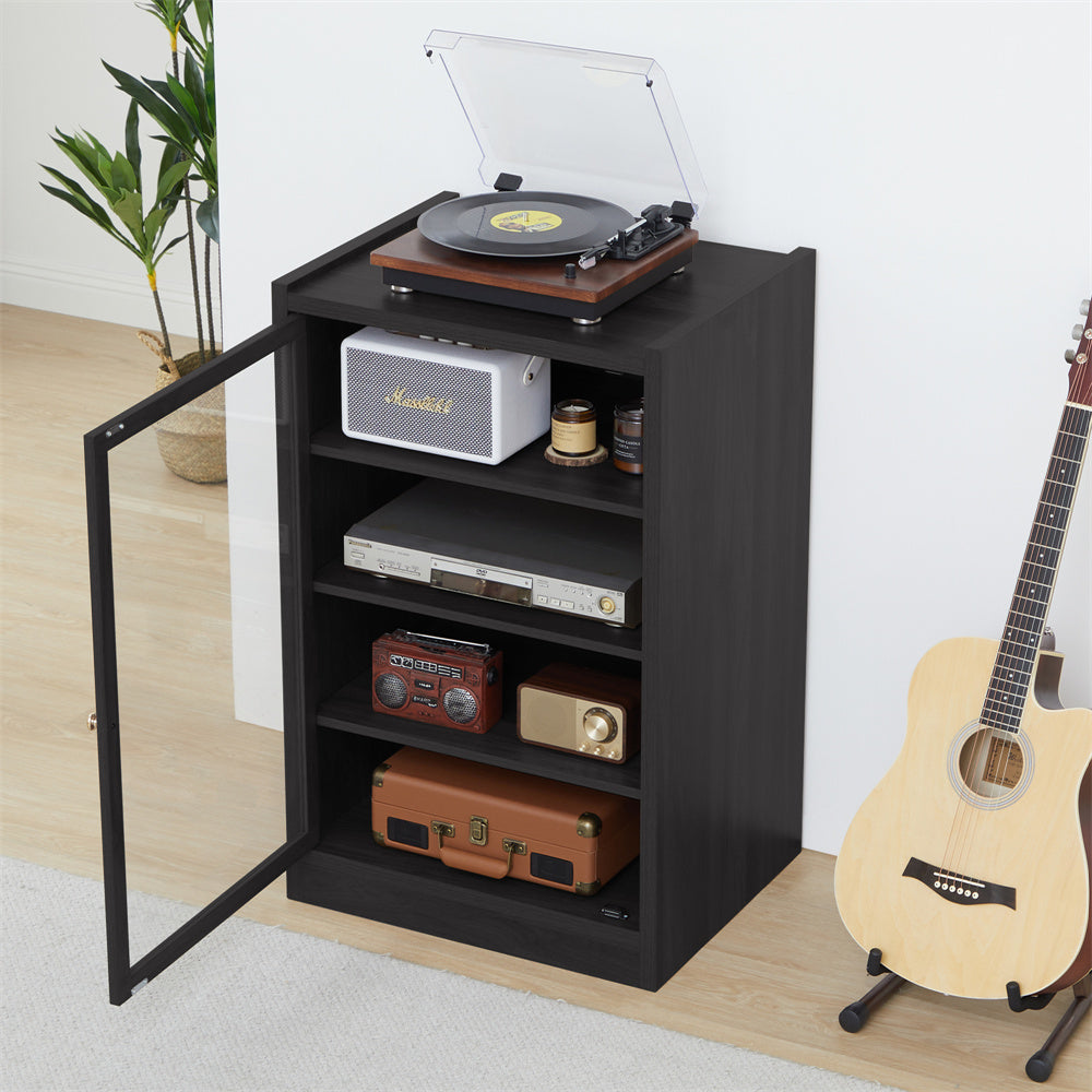 Record Player Stand, 4 Tier Media Storage Cabinet with Adjustable Shelves and Acrylic Door