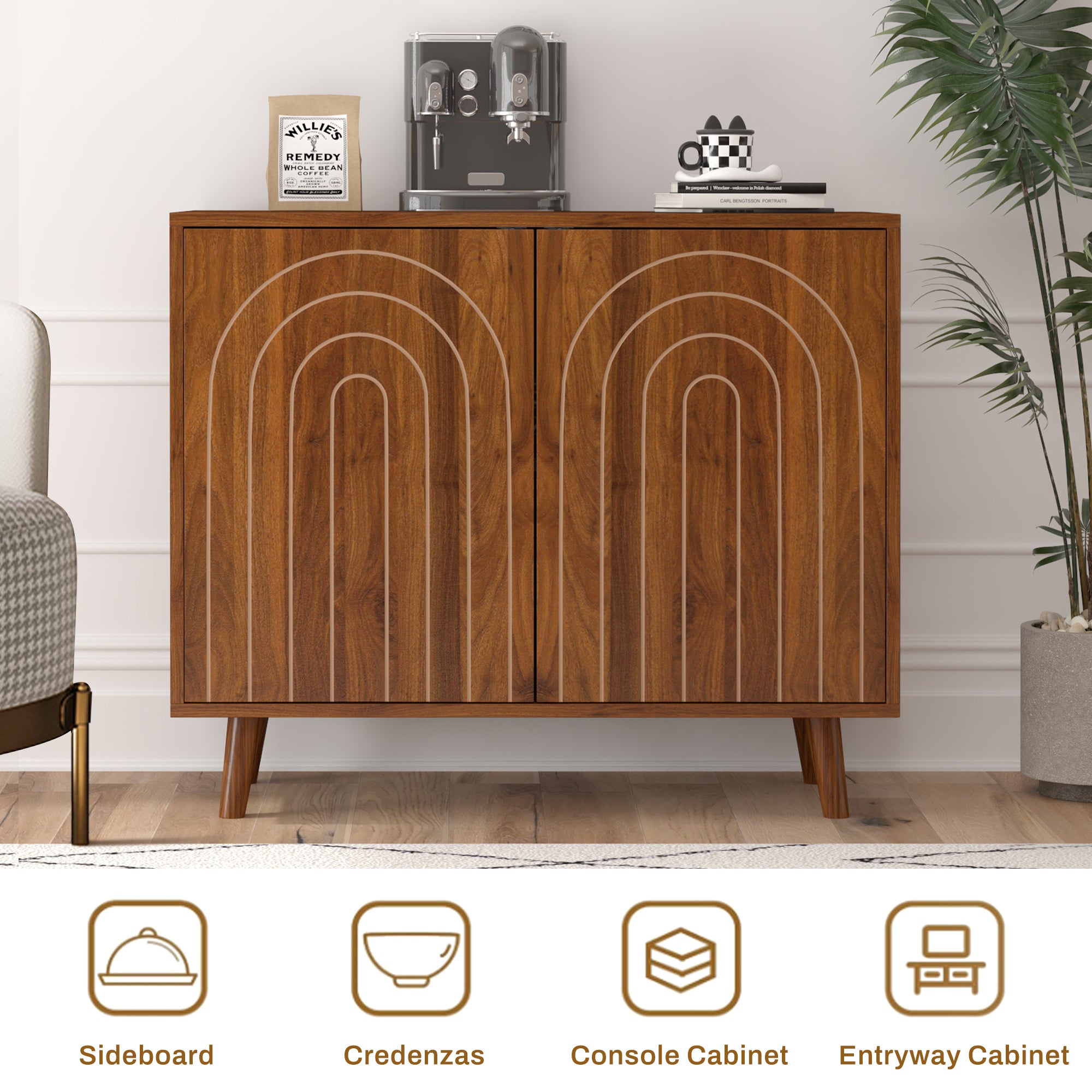 Accent Cabinet with Carving Lines, Modern Buffet Sideboard with Adjustable Shelves, Decorative Storage Cabinets for Bedroom Living Room Kitchen Office Entryway and Hallway