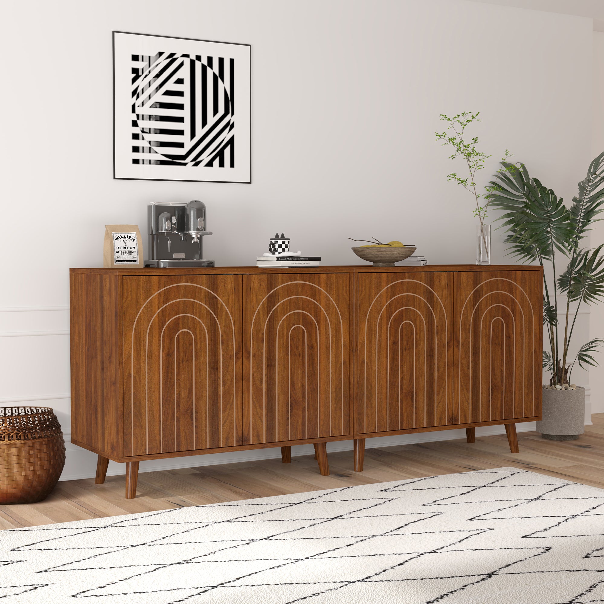 Accent Cabinet with Carving Lines, Modern Buffet Sideboard with Adjustable Shelves, Decorative Storage Cabinets for Bedroom Living Room Kitchen Office Entryway and Hallway