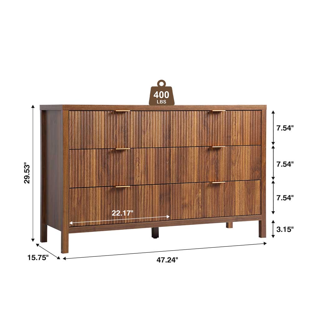 Fluted 6 Drawer Dressers for Bedroom, 48" Wide Modern Chest of Drawer with 6 Big Drawers