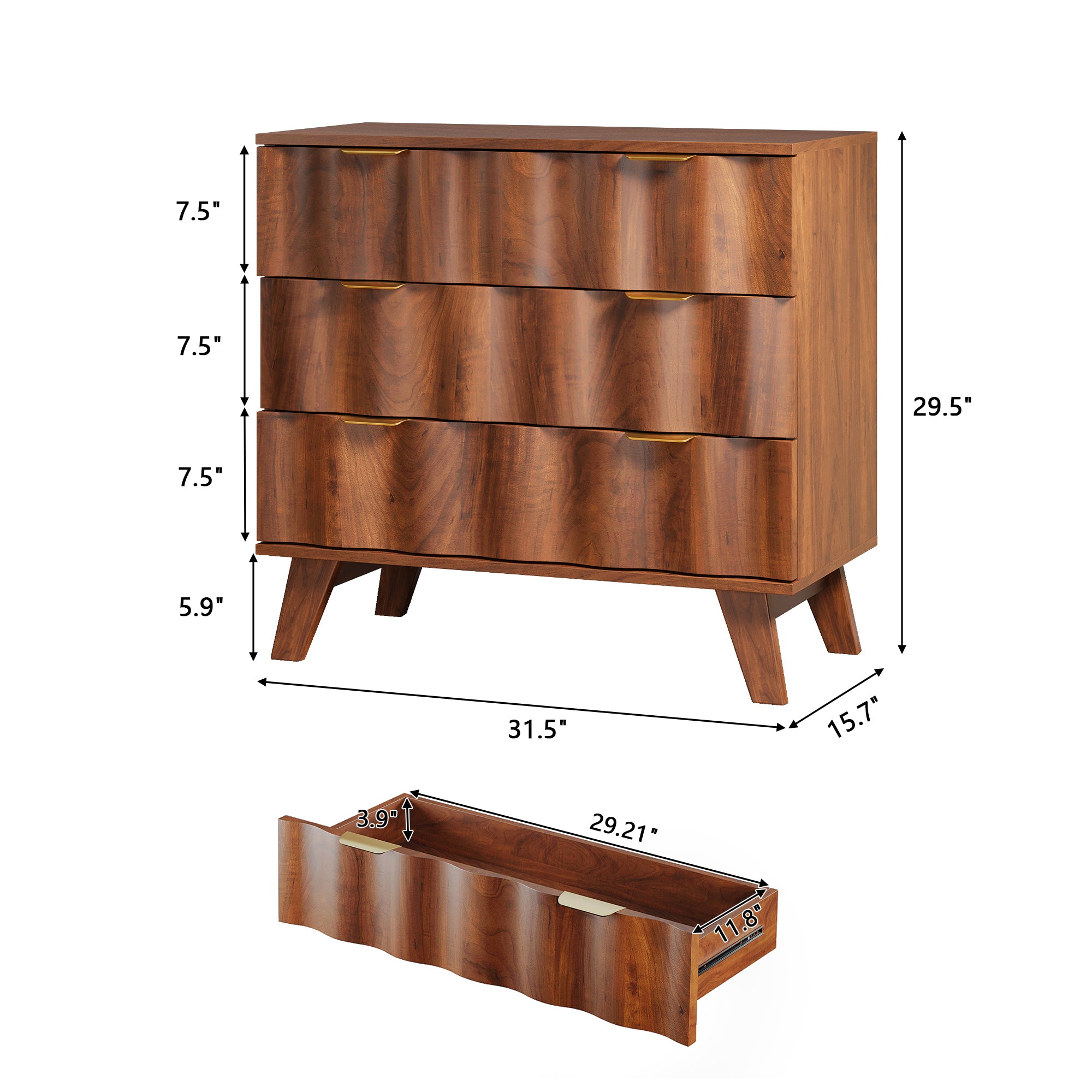 YOCWO Walnut Large 3 Drawer Nightstand with Wave Pattern, Mid-Century Wood Large Bedside Table with Waveform Fluted Panel