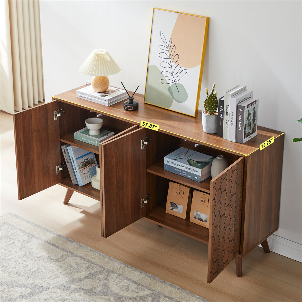 Mid Century Storage Cabinets with 4 Doors and Adjustable Shelves Buffet Cabinet for Kitchen Dining Room Living Room Bedroom