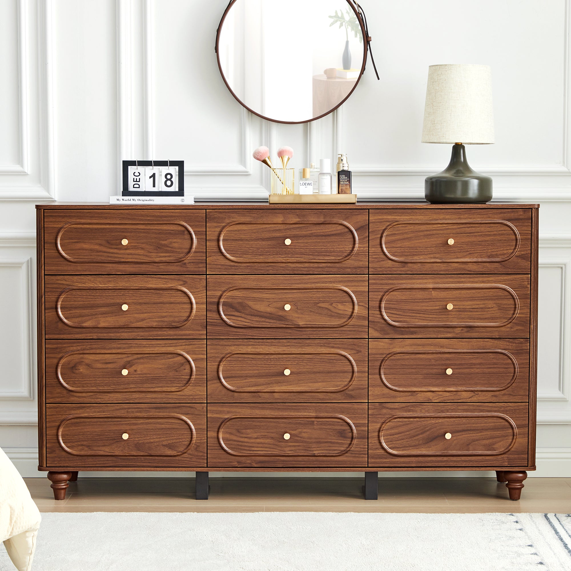 YOCWO 12 Drawer Fluted Dresser for Bedroom, Mid Century Chest of Drawers with Arc Edge, Wood Storage Large Dresser Organizer for Bedroom Living Room Hallway Closet