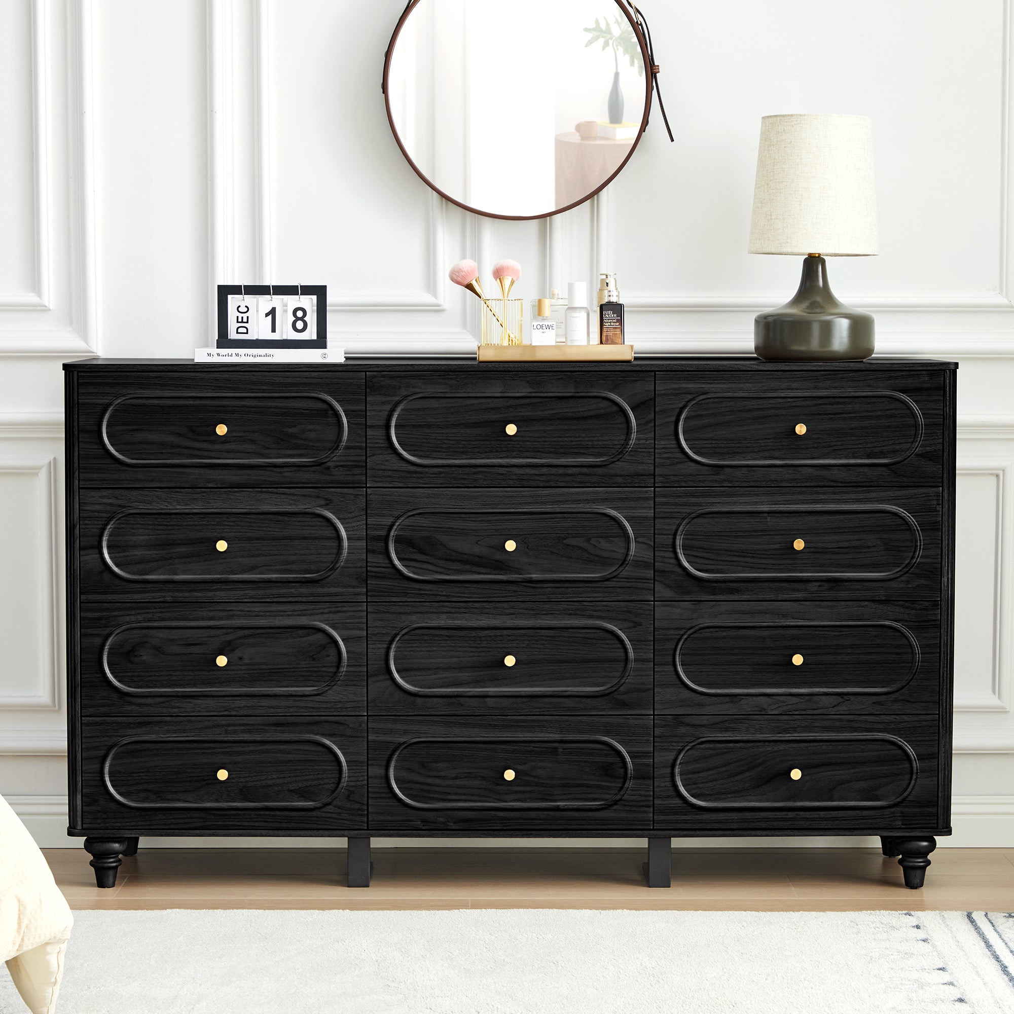 YOCWO 12 Drawer Fluted Dresser for Bedroom, Mid Century Chest of Drawers with Arc Edge, Wood Storage Large Dresser Organizer for Bedroom Living Room Hallway Closet
