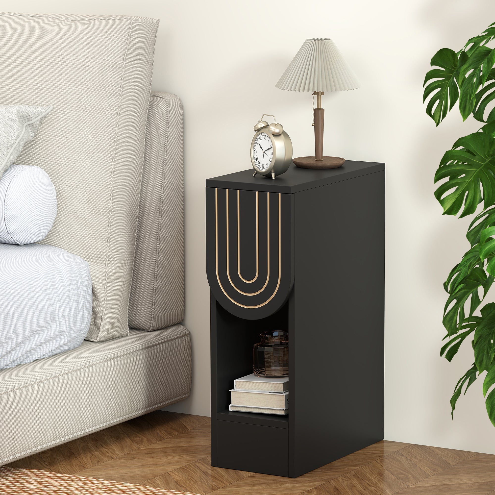 7.87" Ultra Narrow Nightstand with Drawer and Open Shelf, Carved Line Design Bedside Table for Bedroom