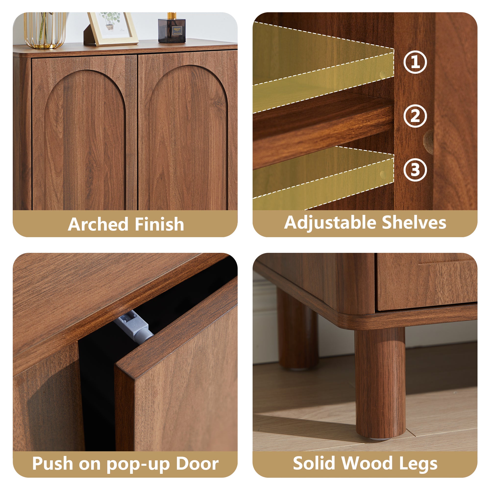 Accent Cabinet with Arched Fluted Door for Entryway Hallway, Walnut Sideboard Buffet Cabinet, Storage Cabinet with Adjustable Shelves for Living Room