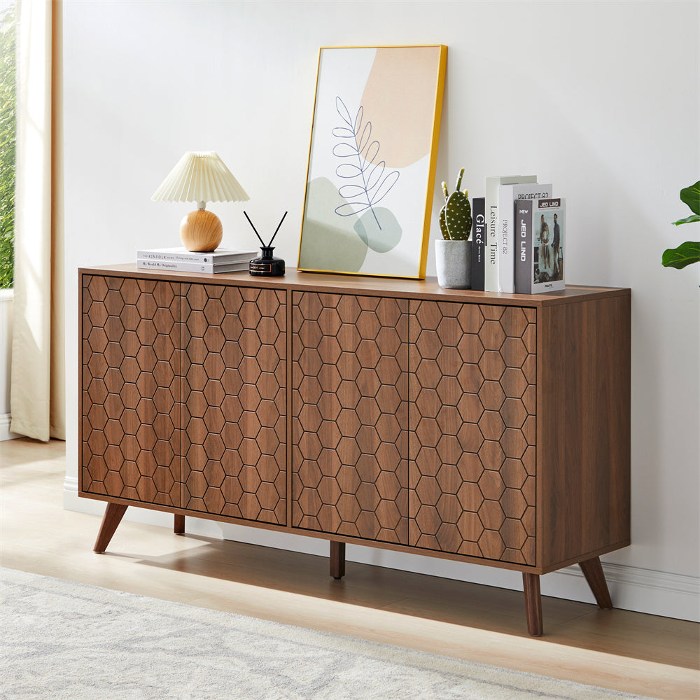 Mid Century Storage Cabinets with 4 Doors and Adjustable Shelves Buffet Cabinet for Kitchen Dining Room Living Room Bedroom