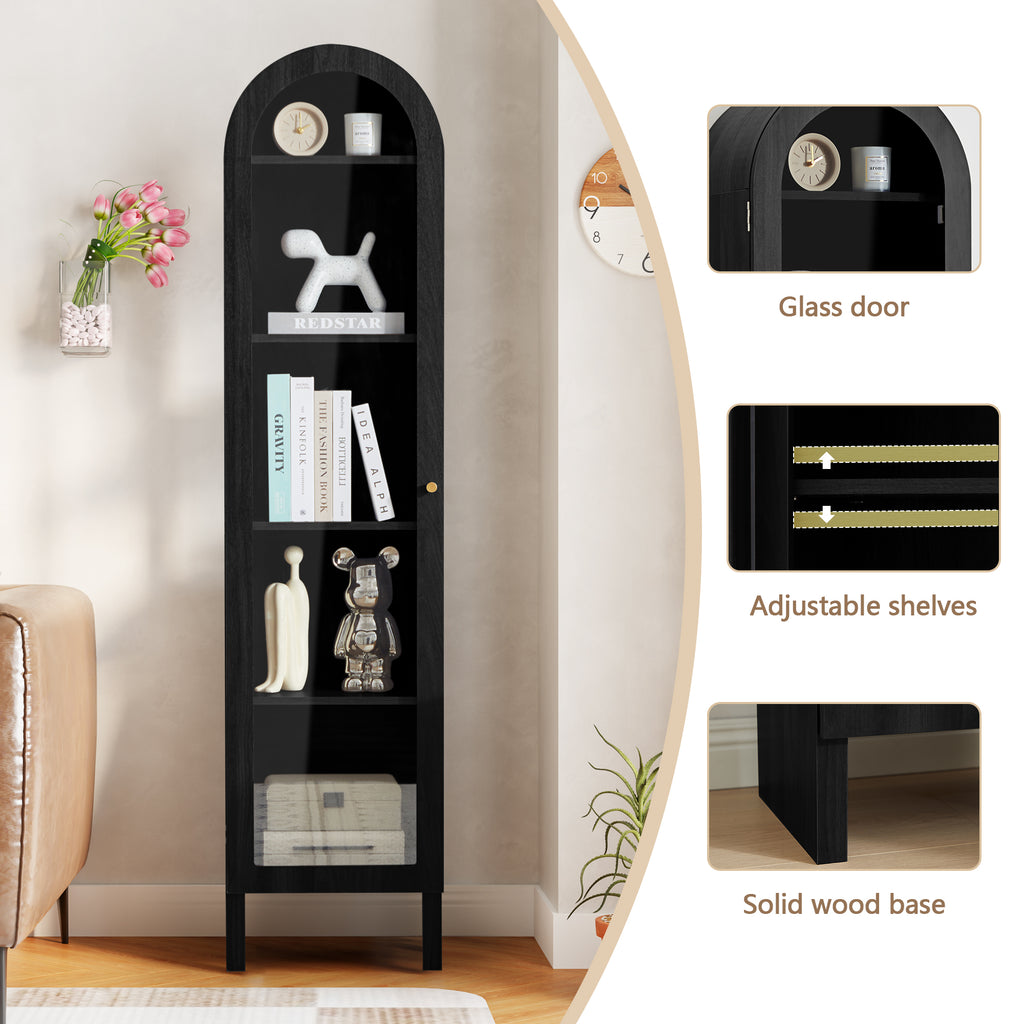 YOCWO Narrow Arched Bookcases with 5 Adjustable Shelves, Wooden Bookshelf wih Glass Door for Living Room Office