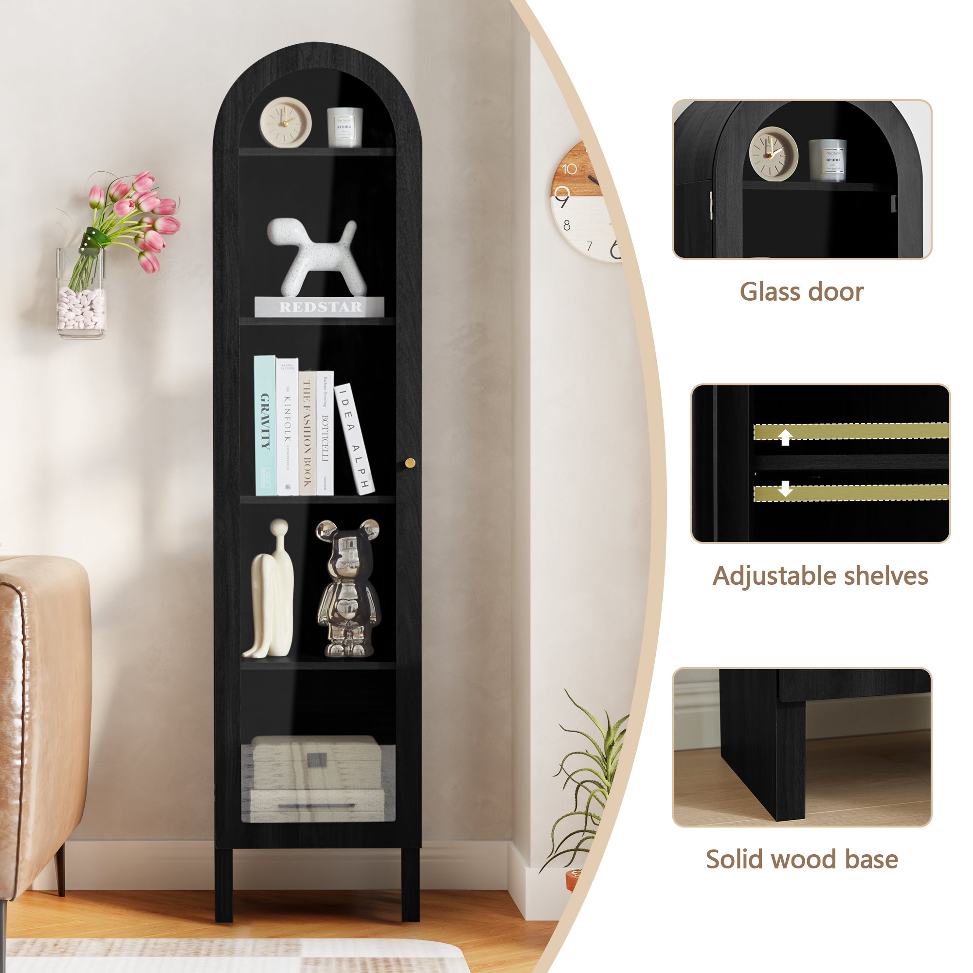 YOCWO Narrow Arched Bookcases with 5 Adjustable Shelves, Wooden Bookshelf wih Glass Door for Living Room Office