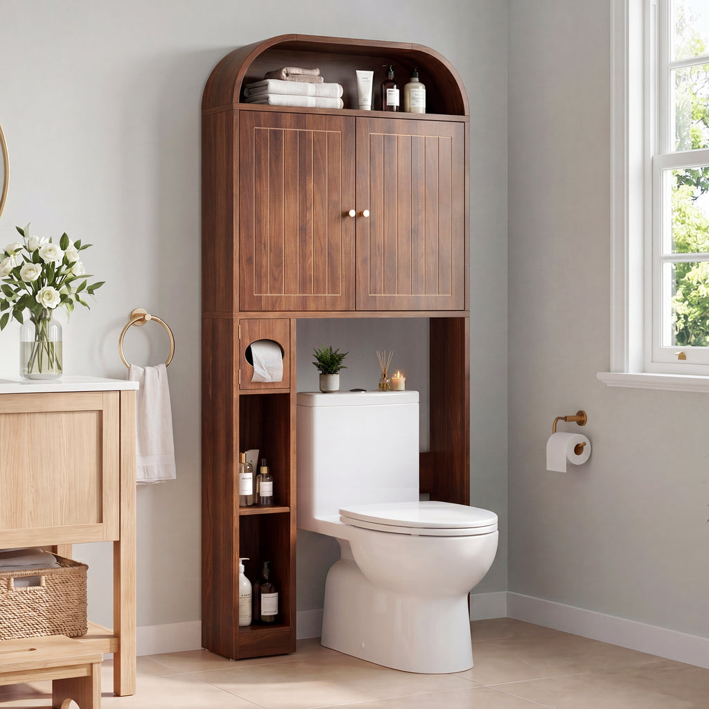 YOCWO Arched Over The Toilet Storage Cabinet with Carved Fluted Line, Storage Cabinet Over Toilet with 2 Doors and Open Shelf, Home Space Saver for Bathroom Laundry Room Living Room