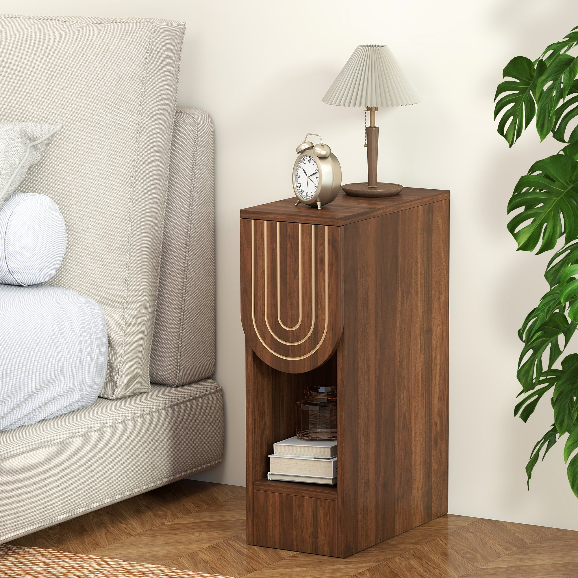 7.87" Ultra Narrow Nightstand with Drawer and Open Shelf, Carved Line Design Bedside Table for Bedroom