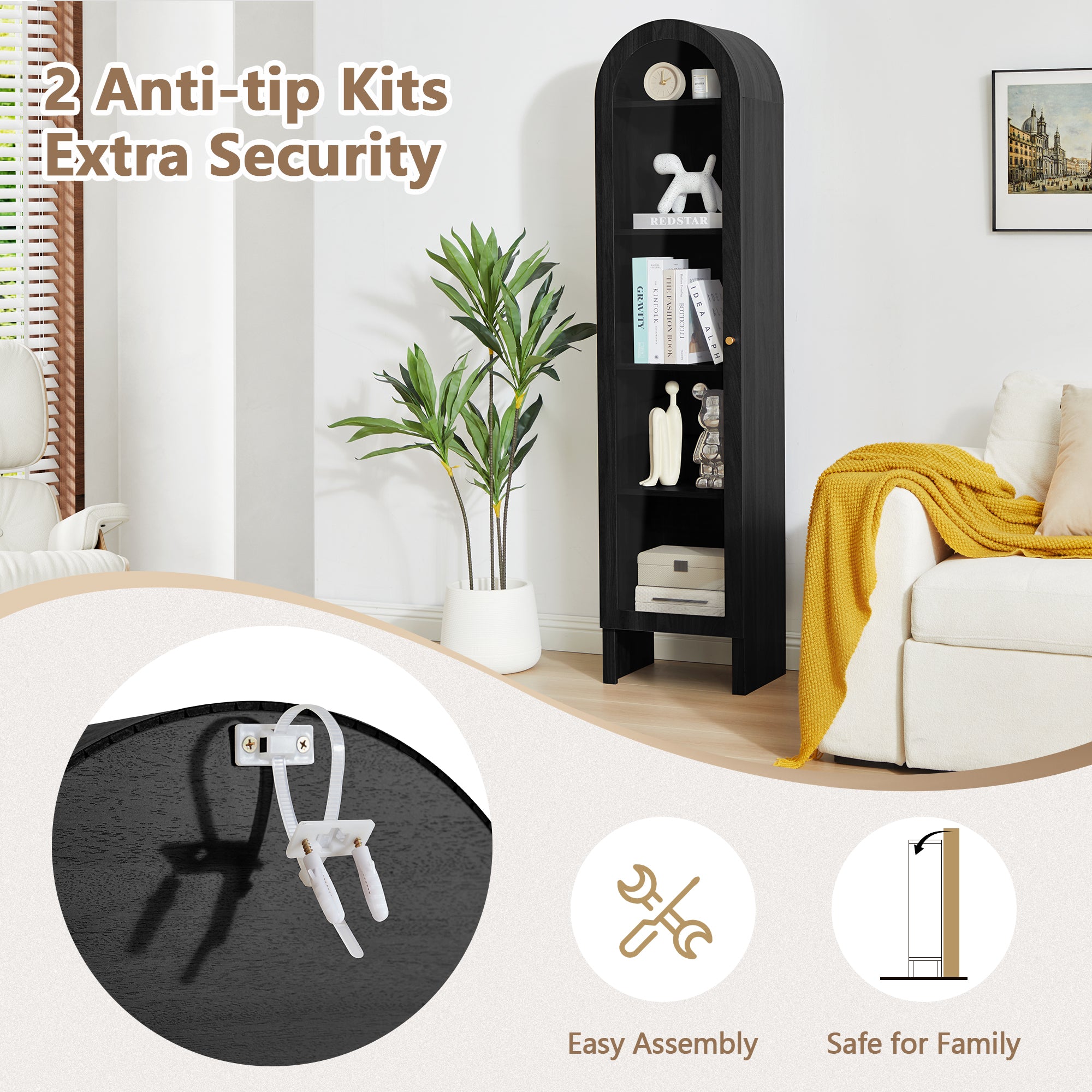 YOCWO Narrow Arched Bookcases with 5 Adjustable Shelves, Wooden Bookshelf wih Glass Door for Living Room Office