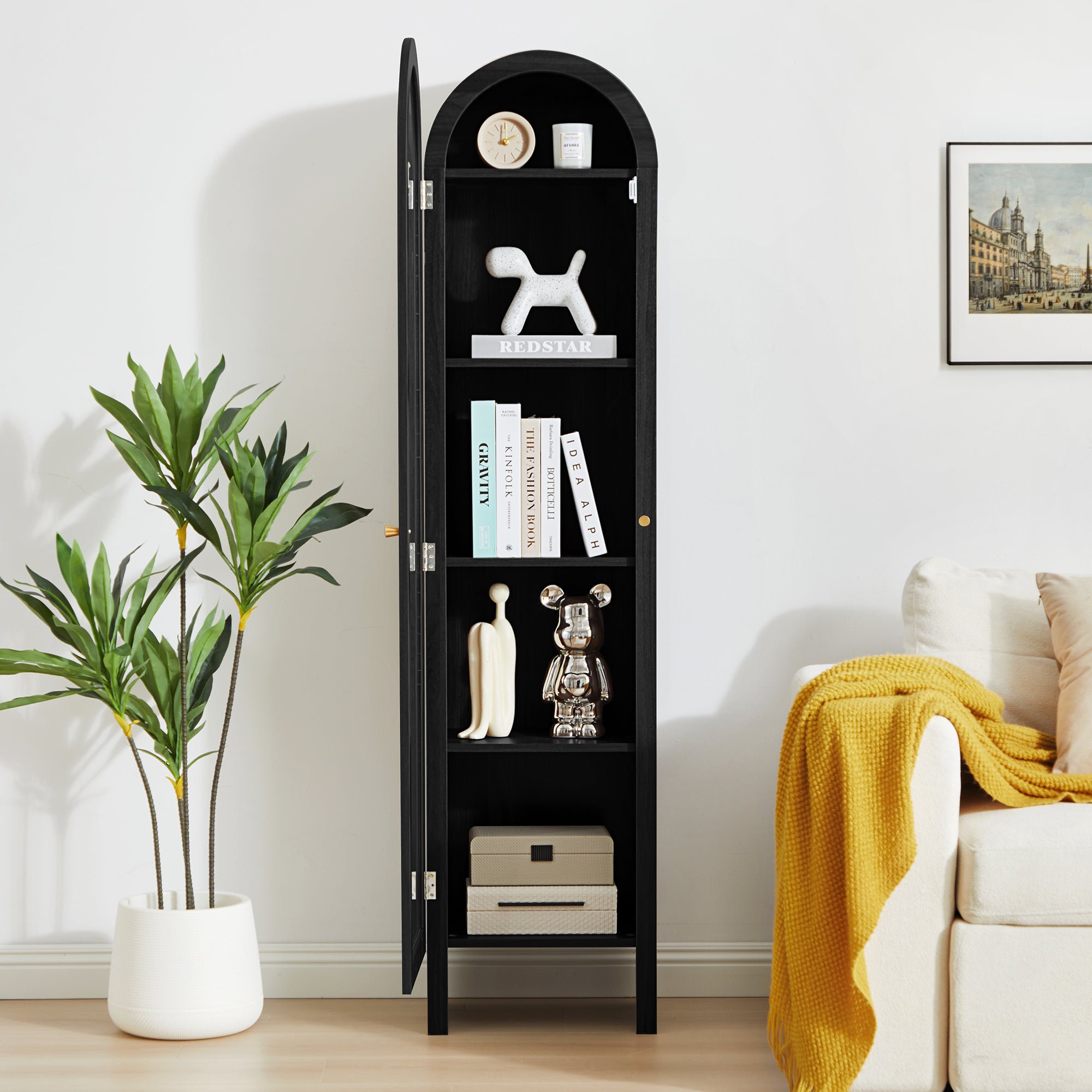 YOCWO Narrow Arched Bookcases with 5 Adjustable Shelves, Wooden Bookshelf wih Glass Door for Living Room Office