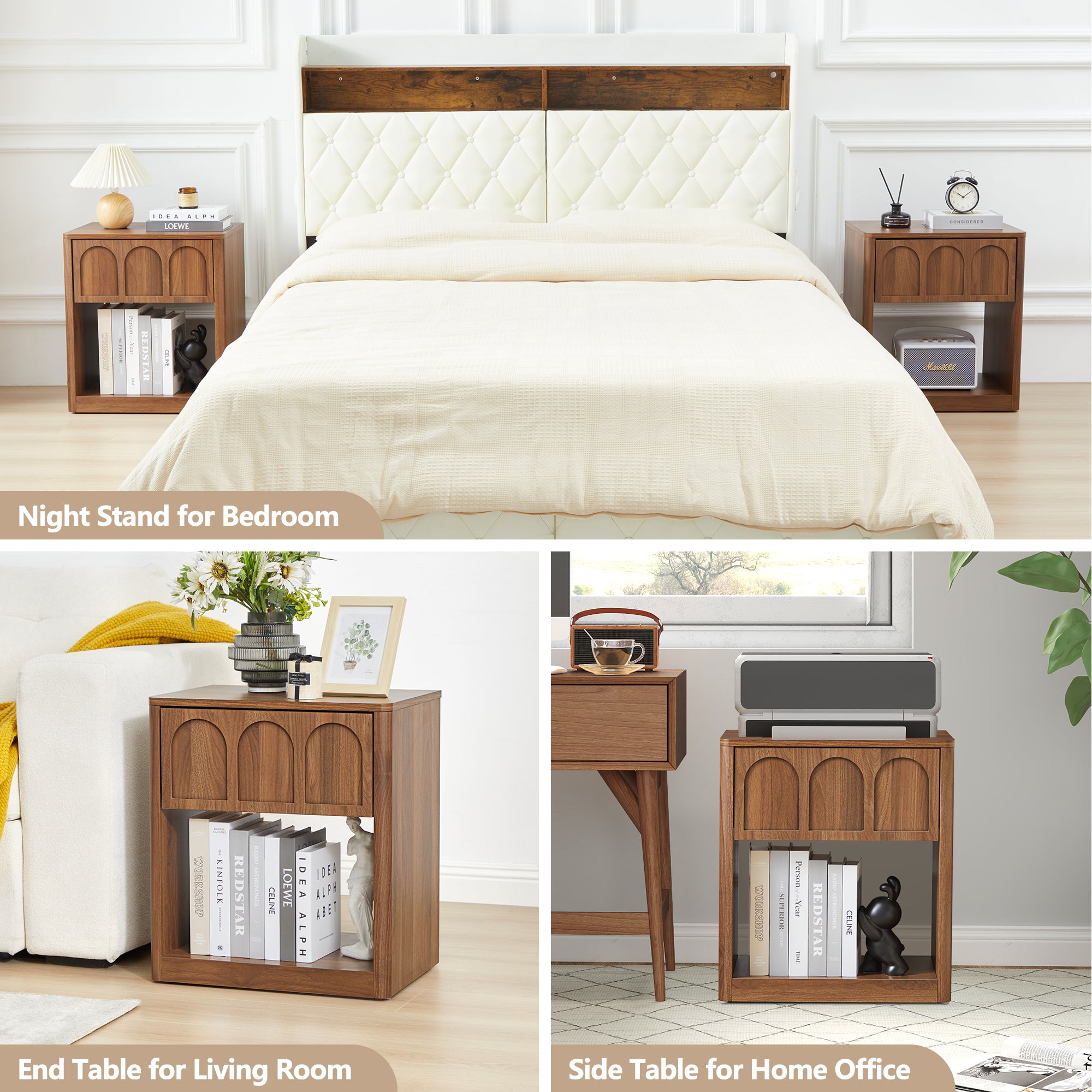 YOCWO Nightstand Set of 2 with Drawer for Bedroom, Wood Bedside Table with Arched Fluted