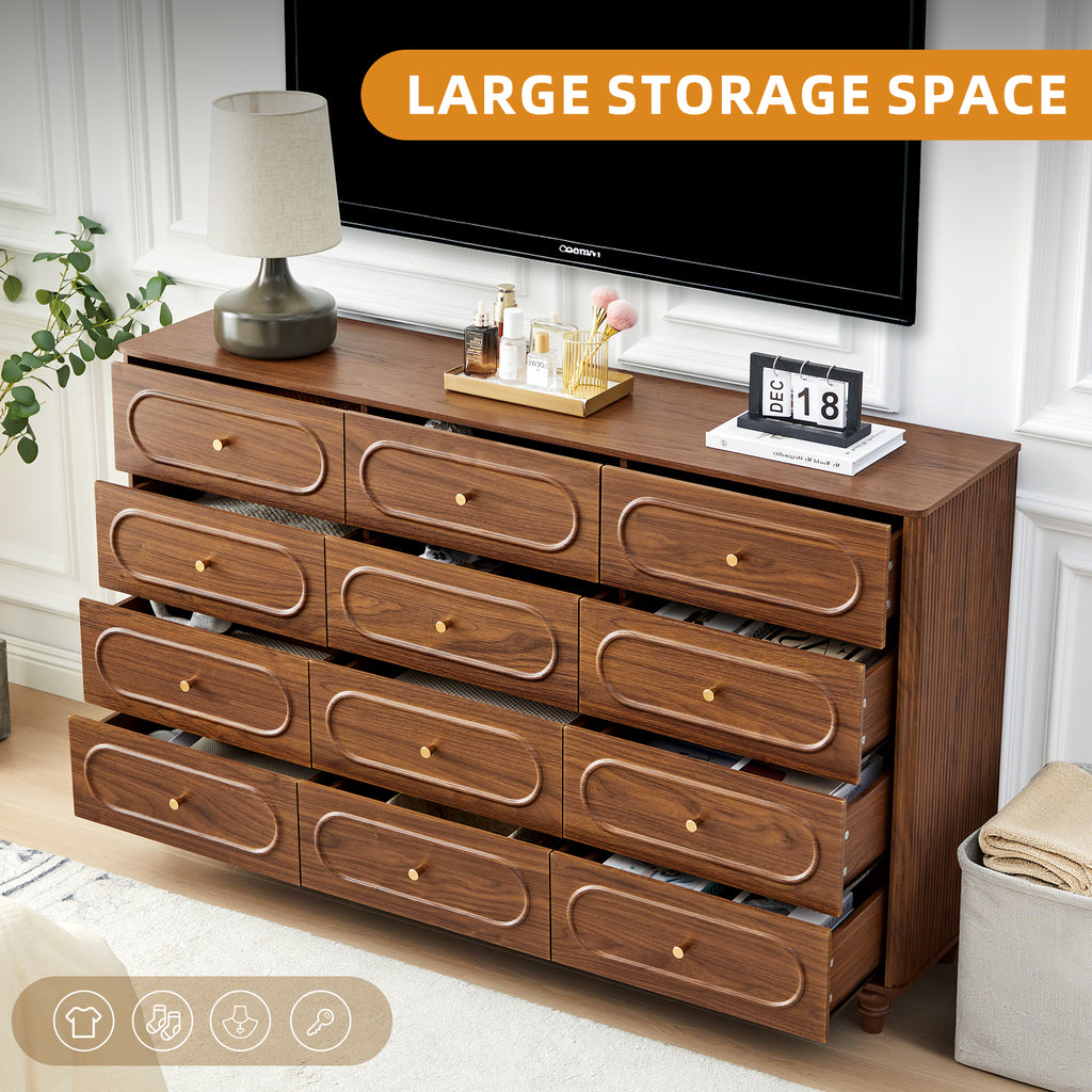YOCWO 12 Drawer Fluted Dresser for Bedroom, Mid Century Chest of Drawers with Arc Edge, Wood Storage Large Dresser Organizer for Bedroom Living Room Hallway Closet