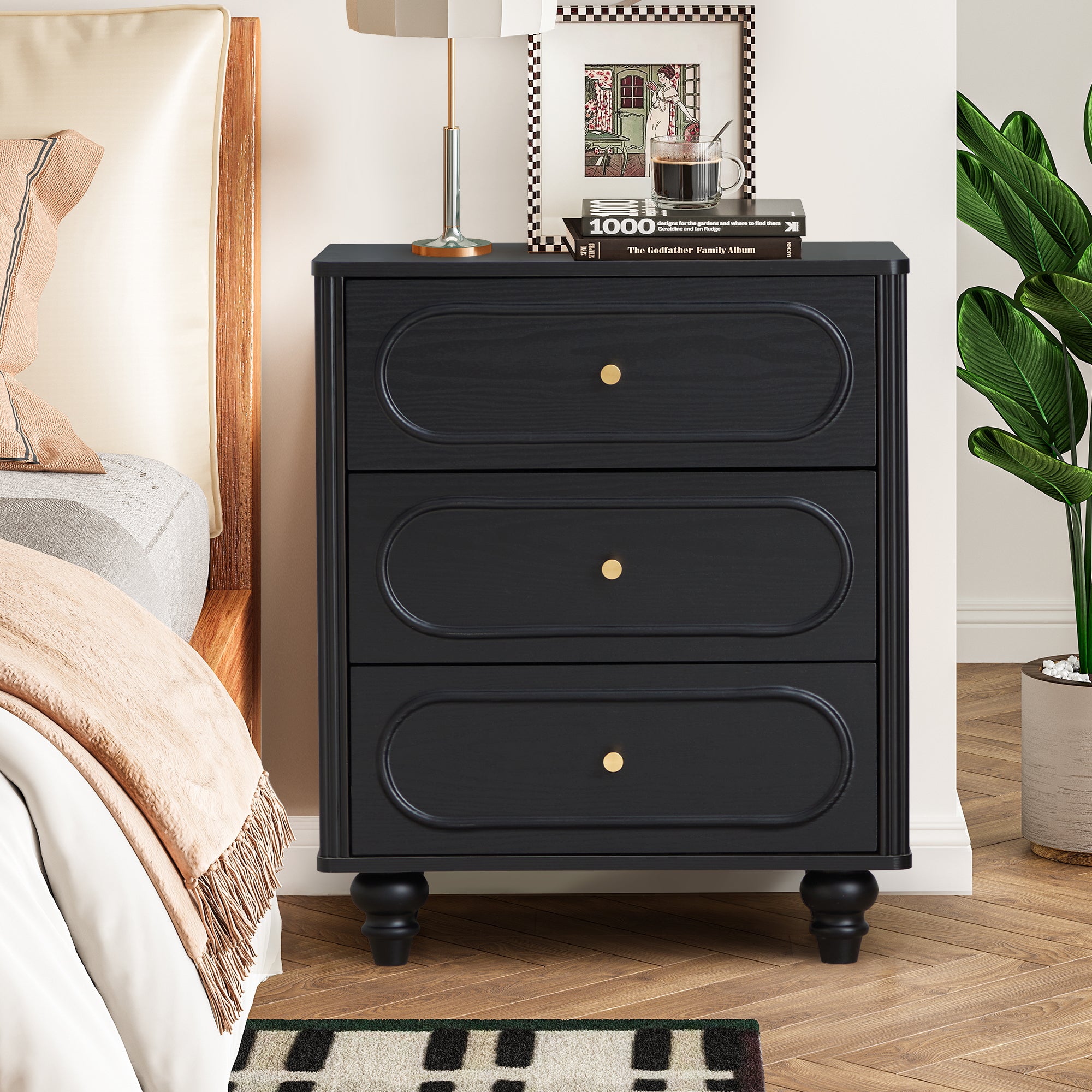 YOCWO 3 Drawer Nightstand, Classic Chest of Drawers with Arc Edge