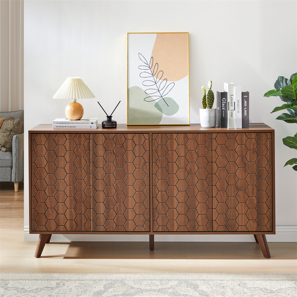 Mid Century Storage Cabinets with 4 Doors and Adjustable Shelves Buffet Cabinet for Kitchen Dining Room Living Room Bedroom