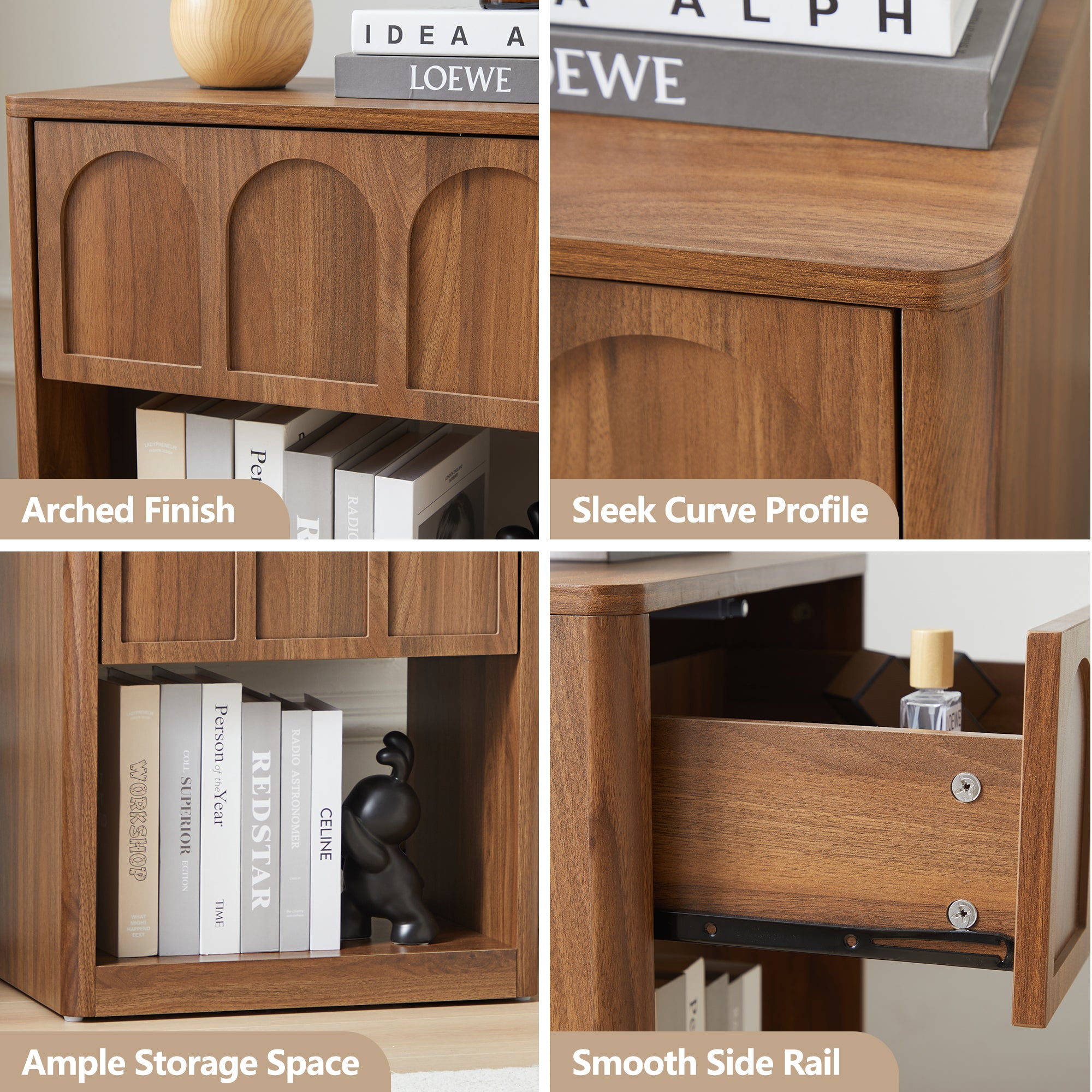 YOCWO Nightstand Set of 2 with Drawer for Bedroom, Wood Bedside Table with Arched Fluted