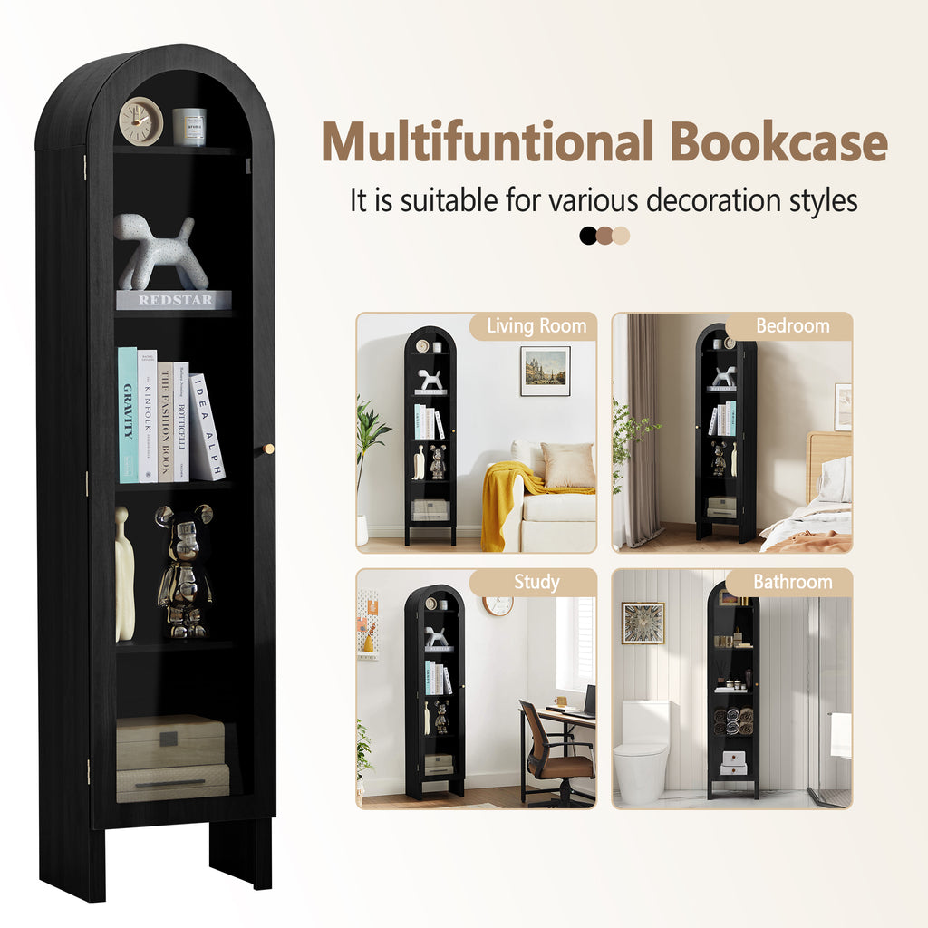 YOCWO Narrow Arched Bookcases with 5 Adjustable Shelves, Wooden Bookshelf wih Glass Door for Living Room Office