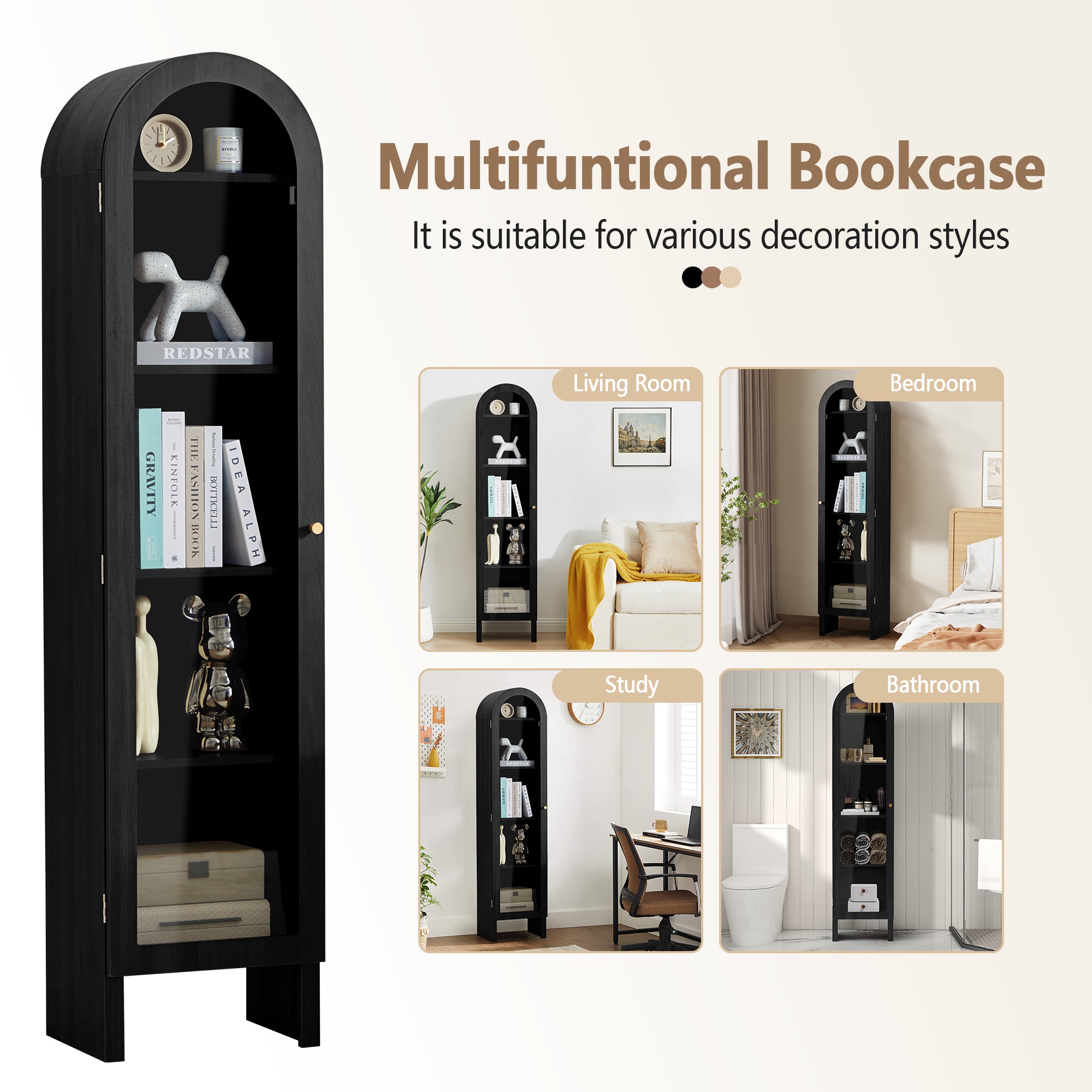 YOCWO Narrow Arched Bookcases with 5 Adjustable Shelves, Wooden Bookshelf wih Glass Door for Living Room Office