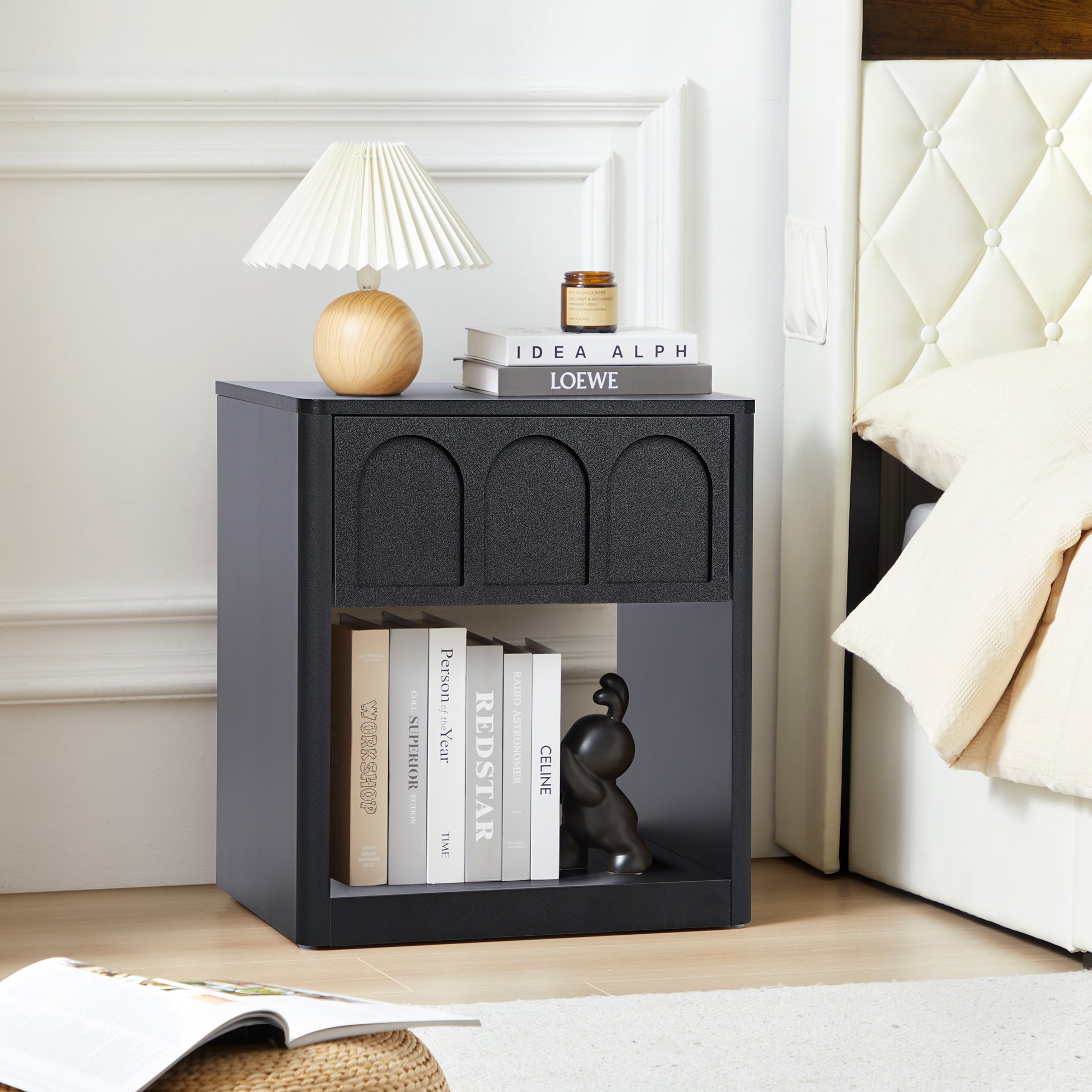 YOCWO Nightstand Set of 2 with Drawer for Bedroom, Wood Bedside Table with Arched Fluted