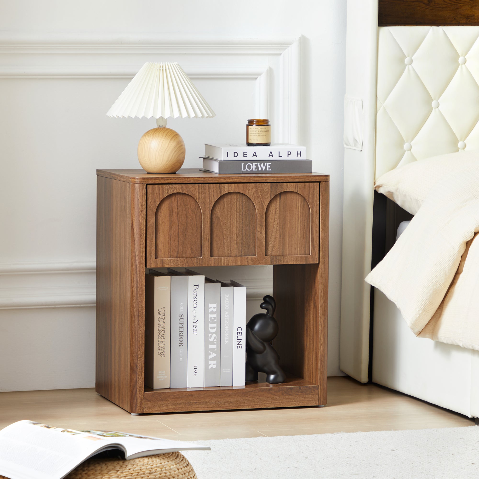 YOCWO Nightstand Set of 2 with Drawer for Bedroom, Wood Bedside Table with Arched Fluted