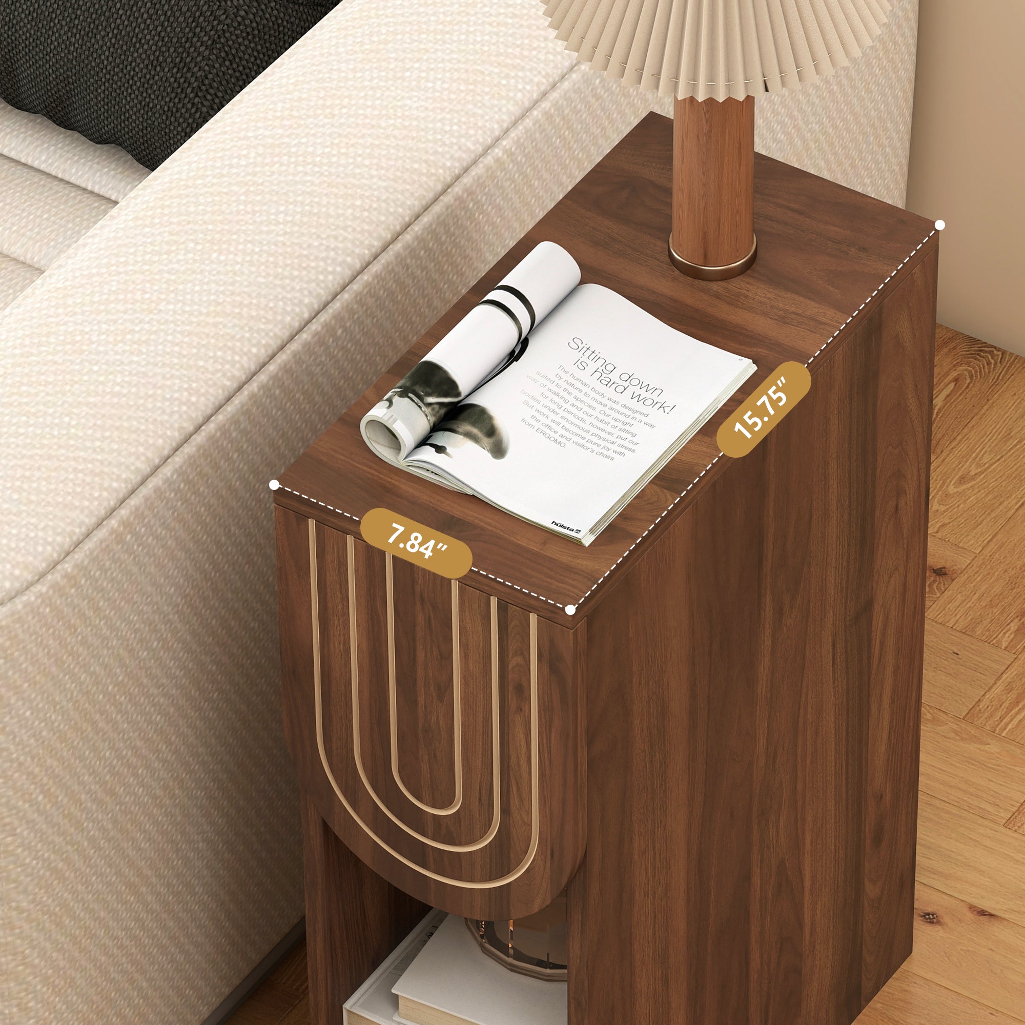 7.87" Ultra Narrow Nightstand with Drawer and Open Shelf, Carved Line Design Bedside Table for Bedroom
