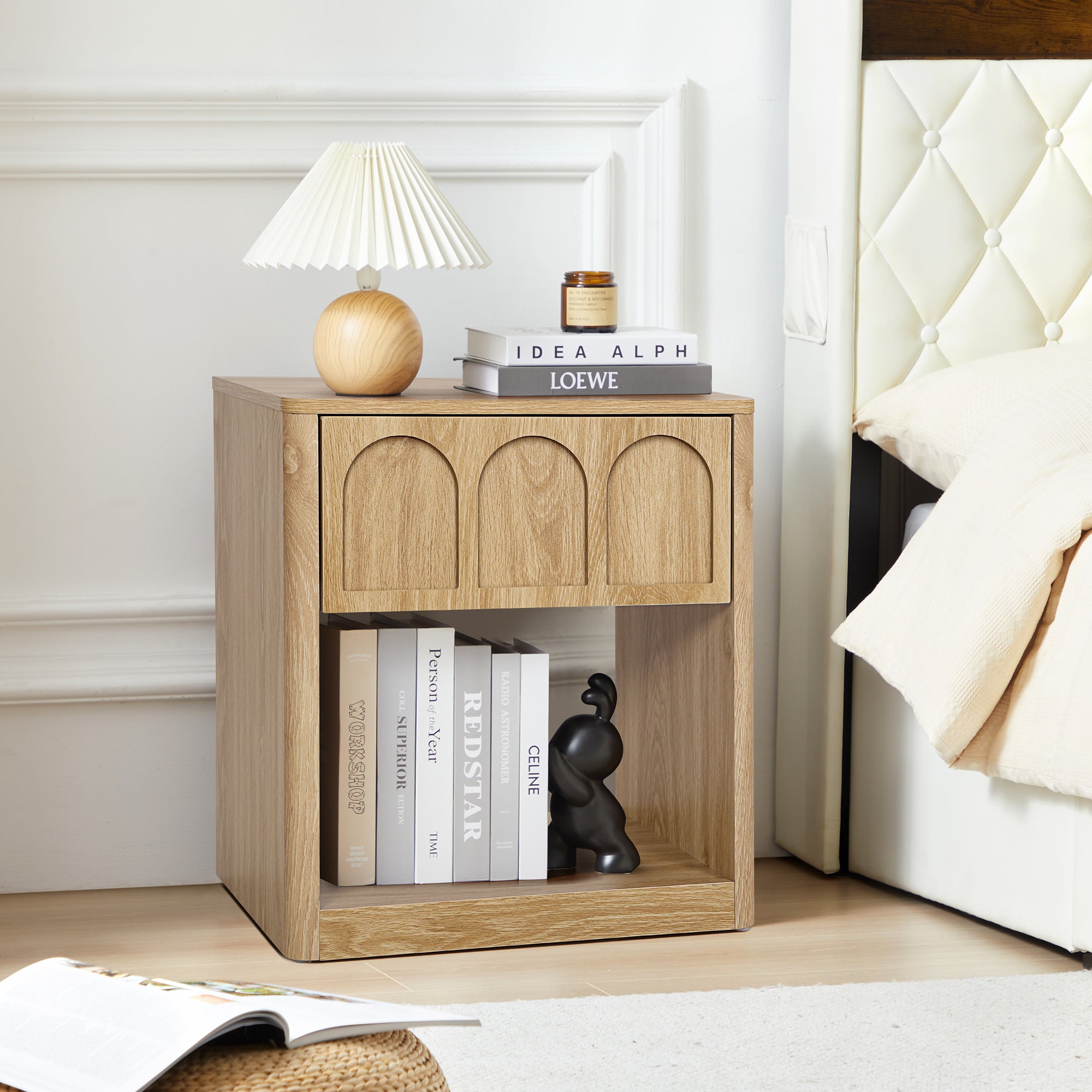 YOCWO Nightstand Set of 2 with Drawer for Bedroom, Wood Bedside Table with Arched Fluted