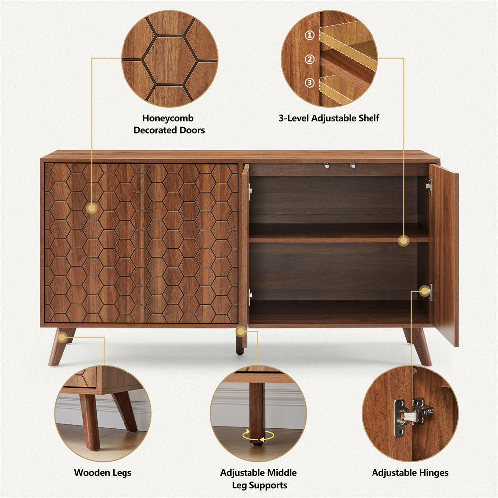 Mid Century Storage Cabinets with 4 Doors and Adjustable Shelves Buffet Cabinet for Kitchen Dining Room Living Room Bedroom