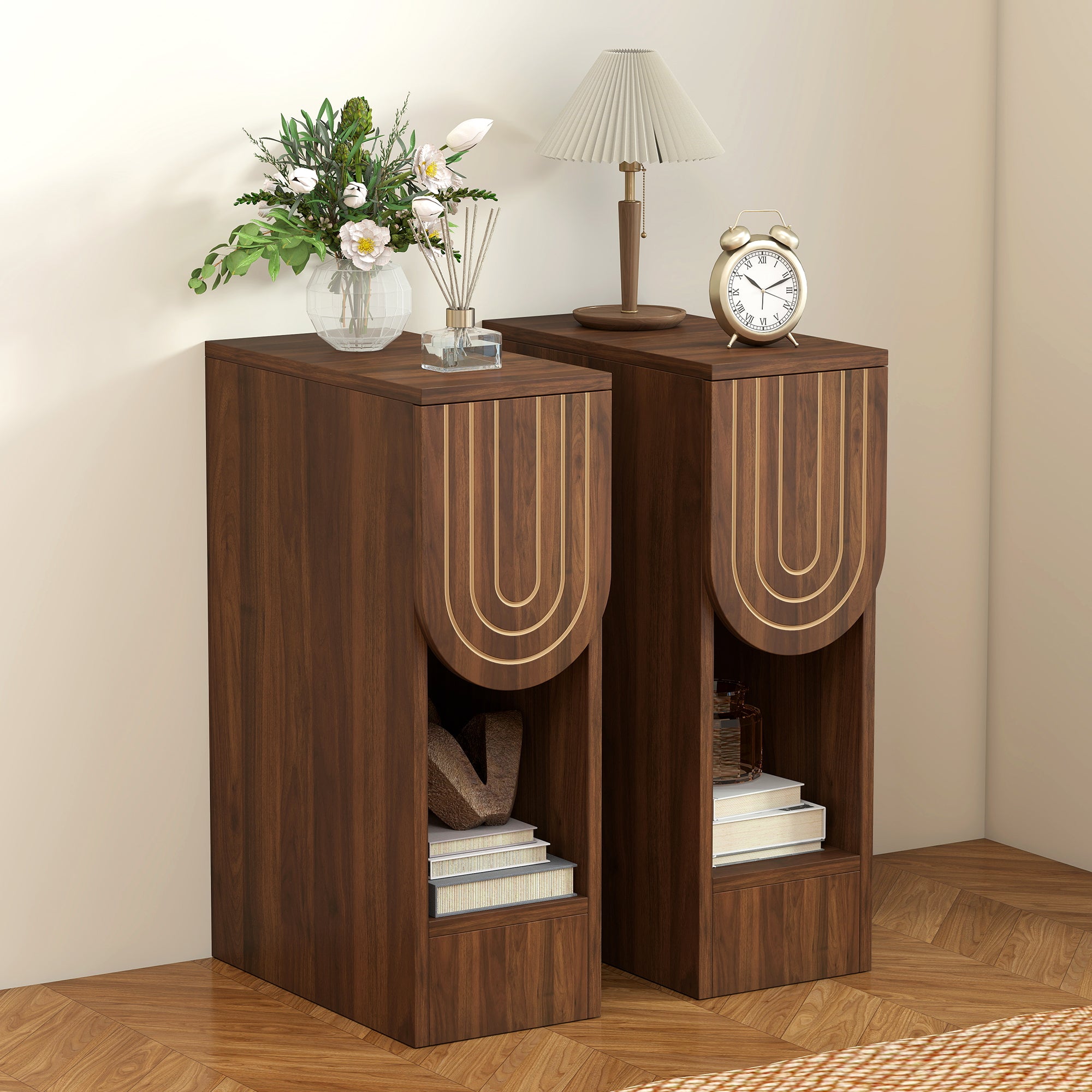 7.87" Ultra Narrow Nightstand Set of 2 with Drawer and Open Shelf, Carved Line Design Bedside Table for Bedroom