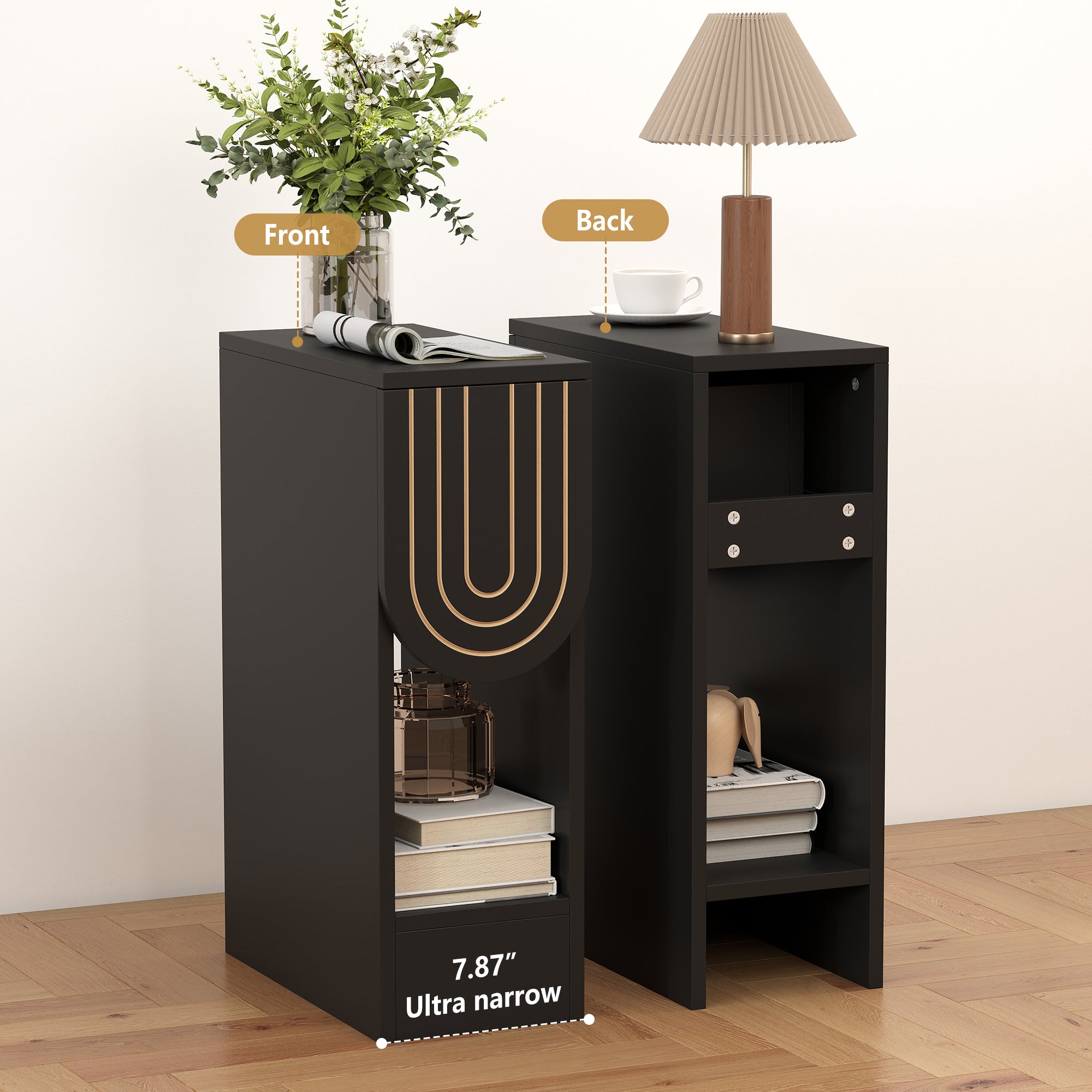 7.87" Ultra Narrow Nightstand Set of 2 with Drawer and Open Shelf, Carved Line Design Bedside Table for Bedroom