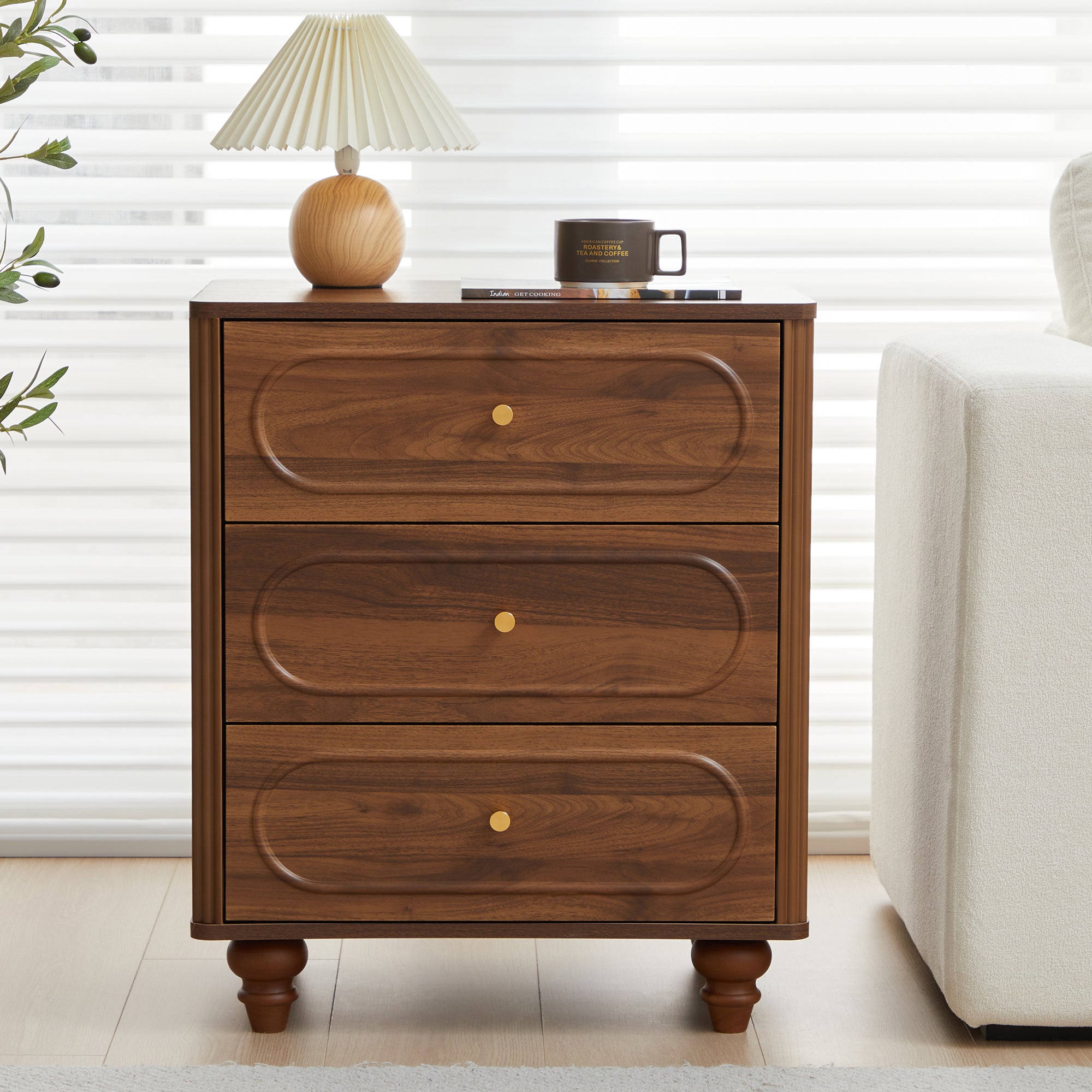 YOCWO 3 Drawer Nightstand, Classic Chest of Drawers with Arc Edge