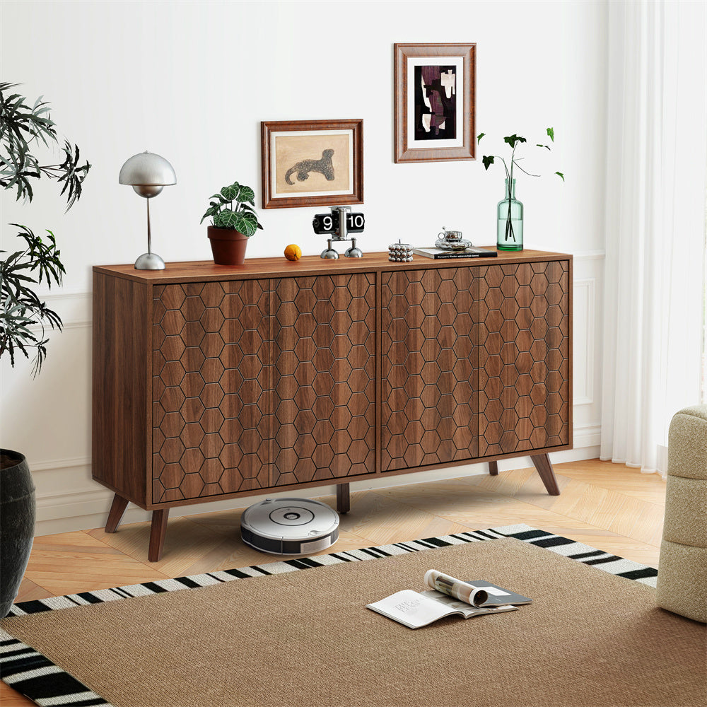 Mid Century Storage Cabinets with 4 Doors and Adjustable Shelves Buffet Cabinet for Kitchen Dining Room Living Room Bedroom