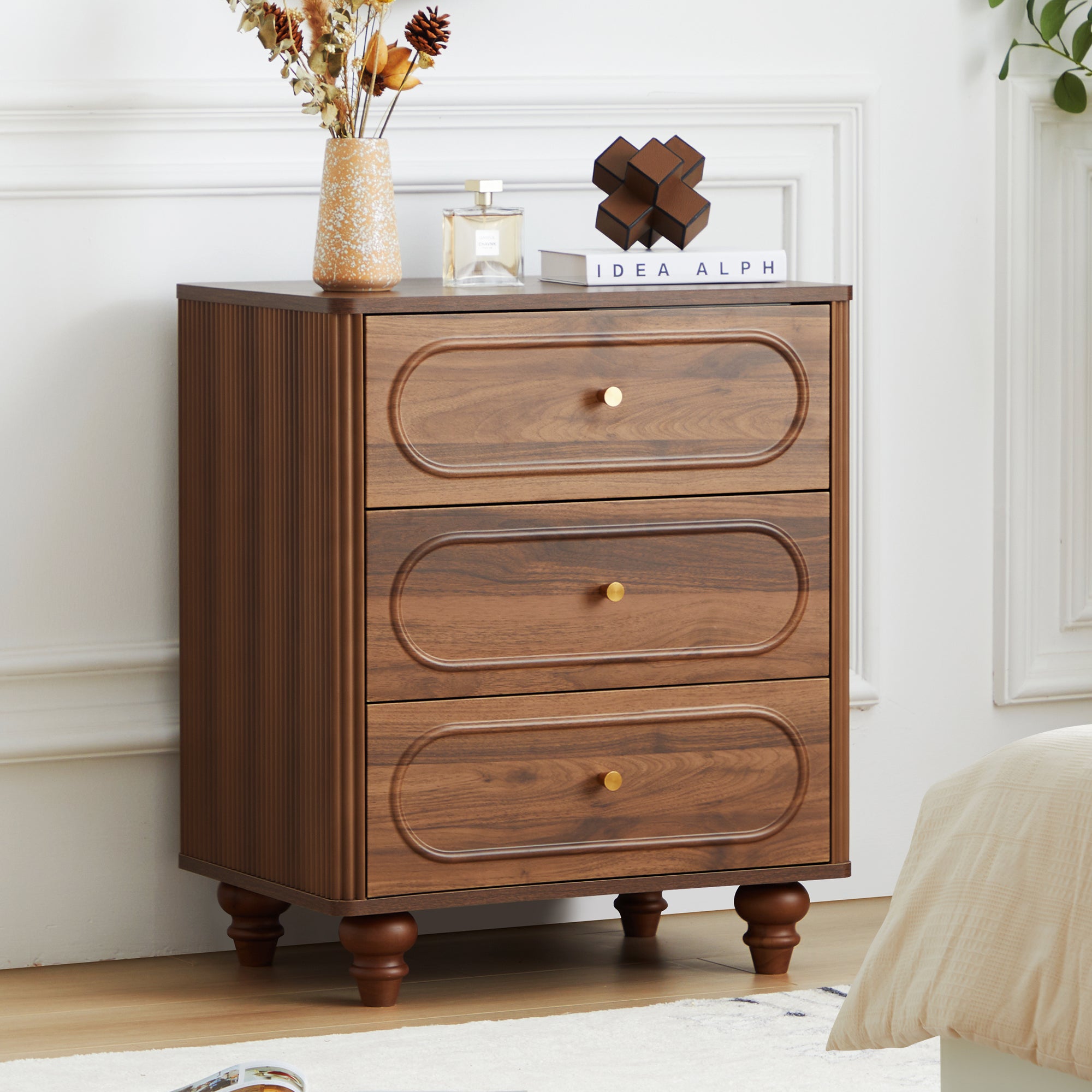 YOCWO 3 Drawer Nightstand, Classic Chest of Drawers with Arc Edge