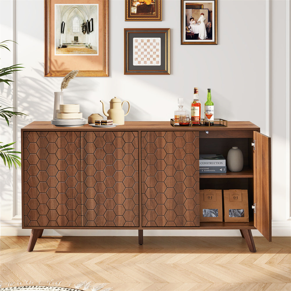 Mid Century Storage Cabinets with 4 Doors and Adjustable Shelves Buffet Cabinet for Kitchen Dining Room Living Room Bedroom