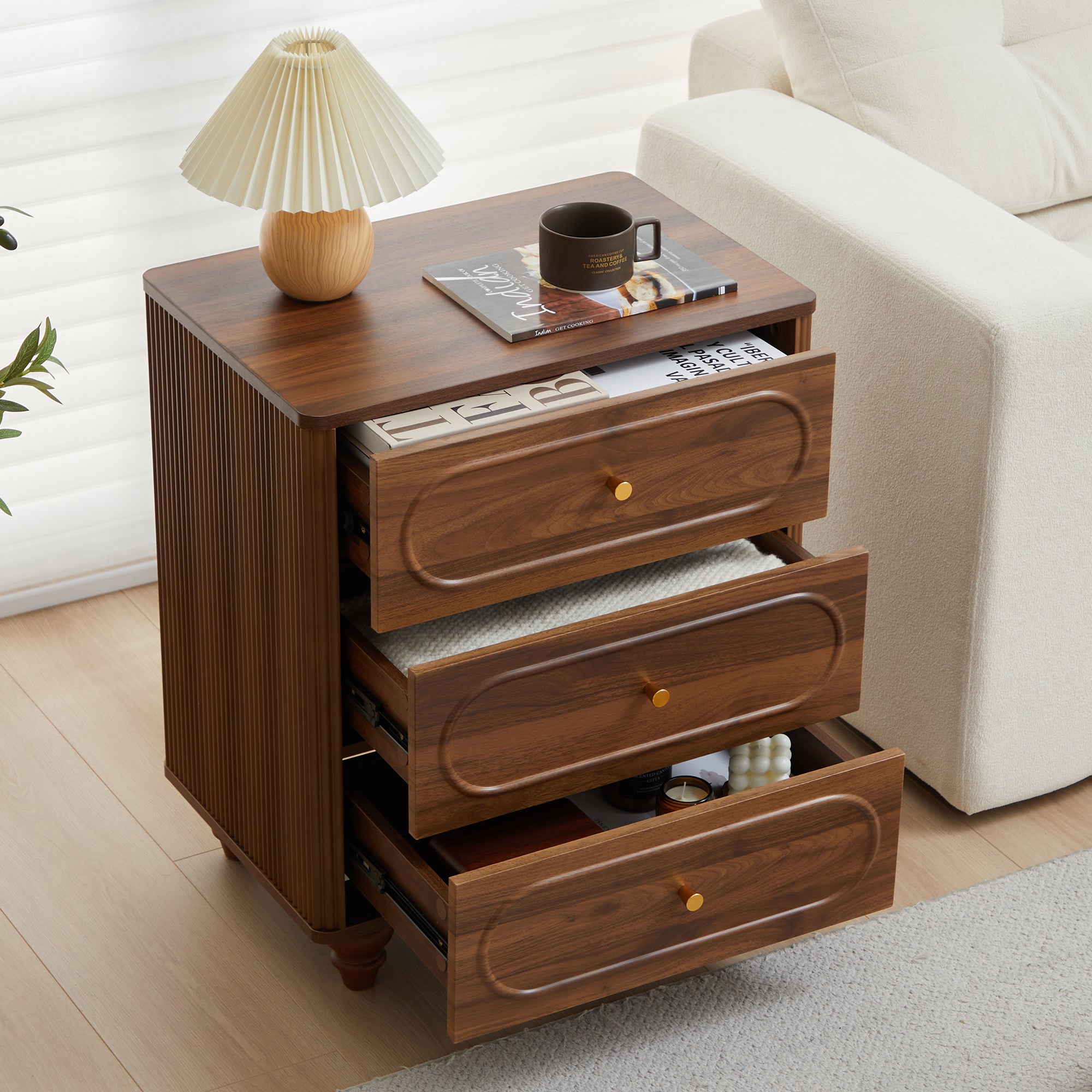YOCWO 3 Drawer Nightstand, Classic Chest of Drawers with Arc Edge