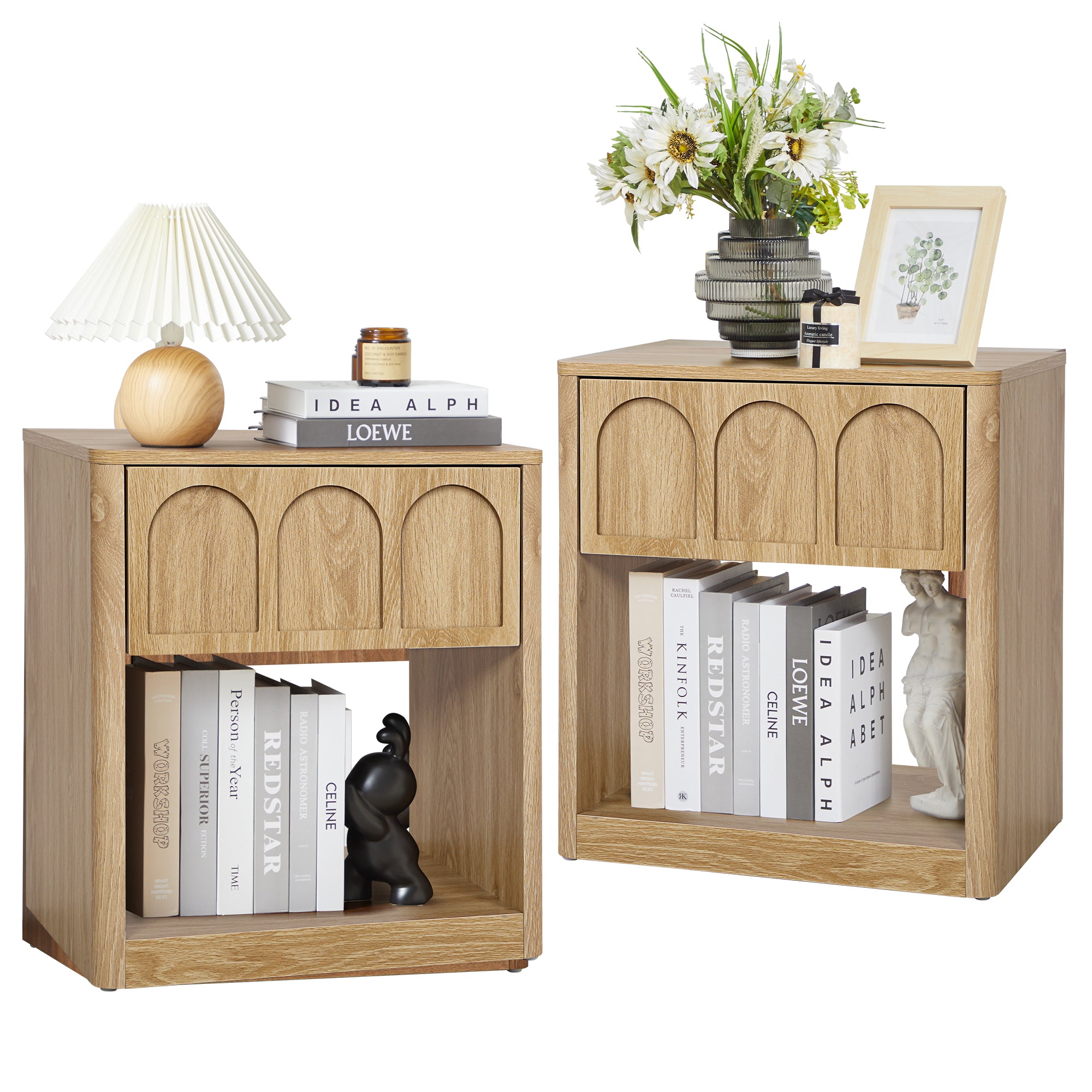 YOCWO Nightstand Set of 2 with Drawer for Bedroom, Wood Bedside Table with Arched Fluted