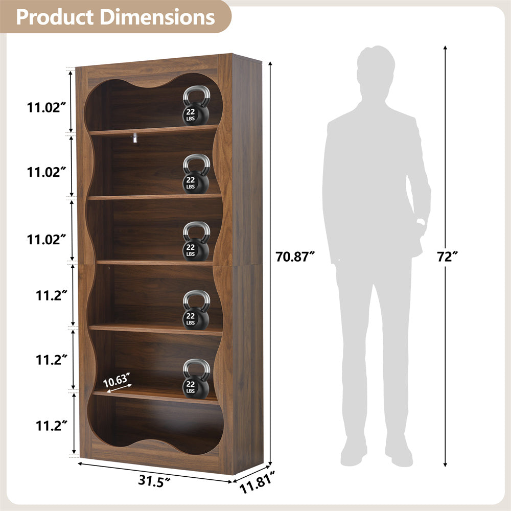 70" Tall Bookcase 6 Tier Wooden Bookshelf with Open Storage for Office