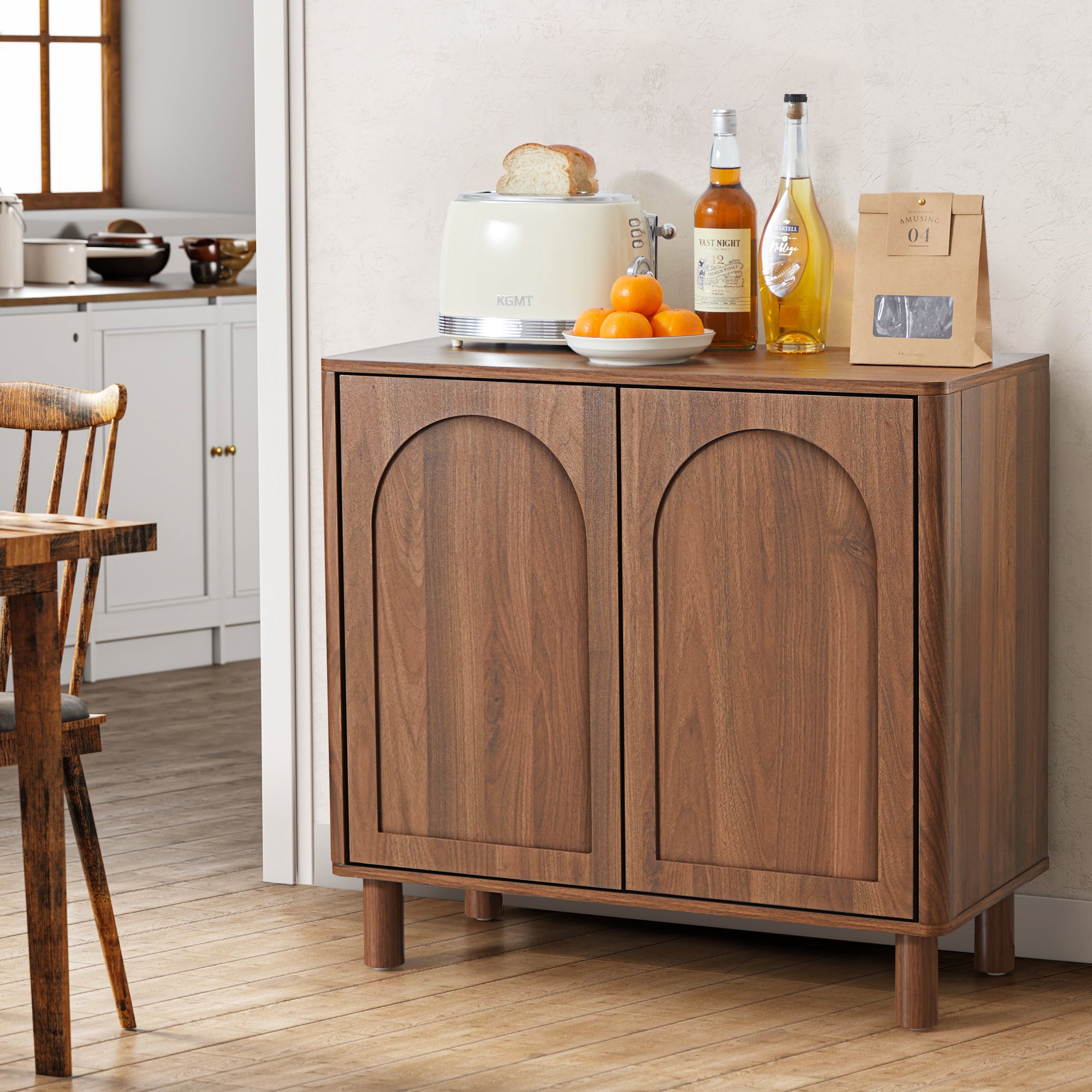 Accent Cabinet with Arched Fluted Door for Entryway Hallway, Walnut Sideboard Buffet Cabinet, Storage Cabinet with Adjustable Shelves for Living Room