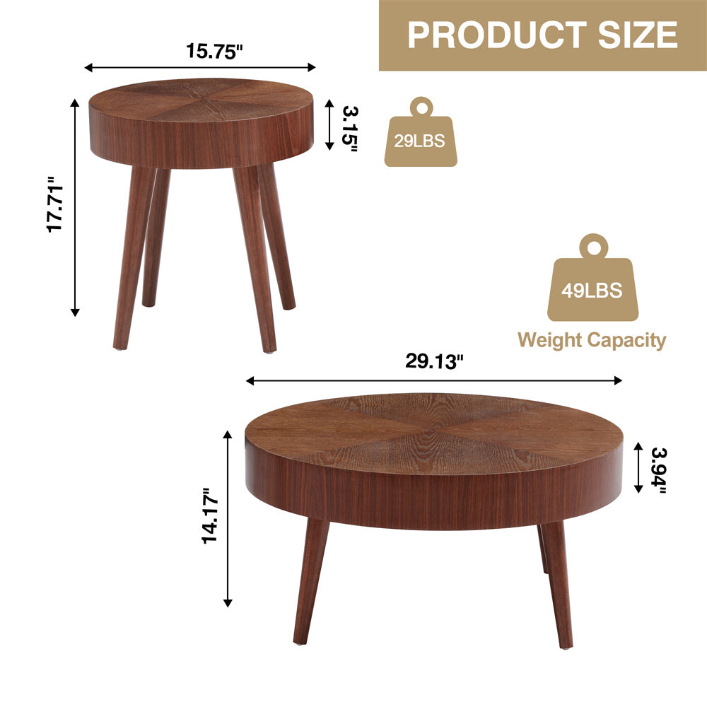 2-Piece Modern Round Coffee Table Set for Living Room, Faux Wood End Table