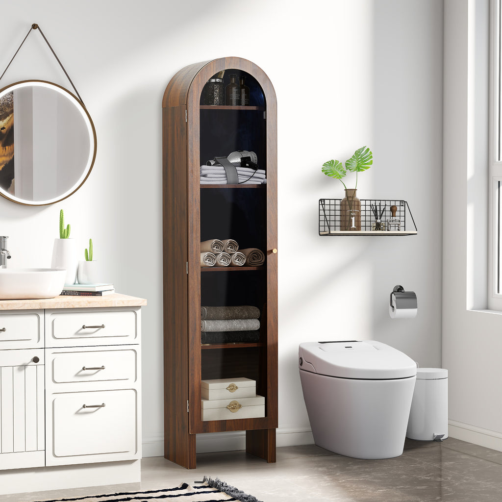 YOCWO Narrow Arched Bookcases with 5 Adjustable Shelves, Wooden Bookshelf wih Glass Door for Living Room Office