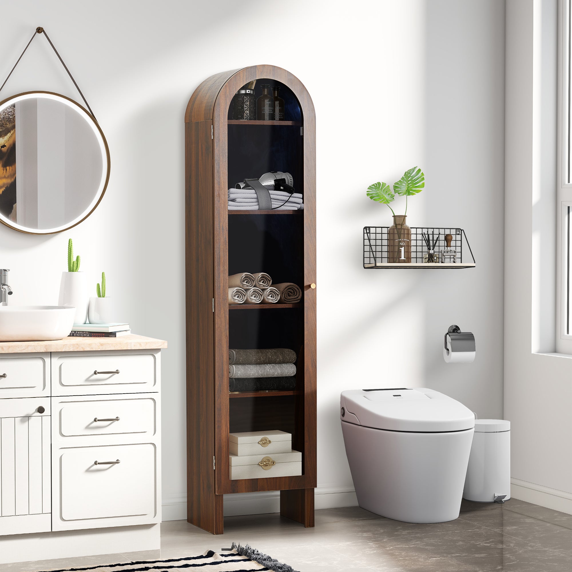 YOCWO Narrow Arched Bookcases with 5 Adjustable Shelves, Wooden Bookshelf wih Glass Door for Living Room Office