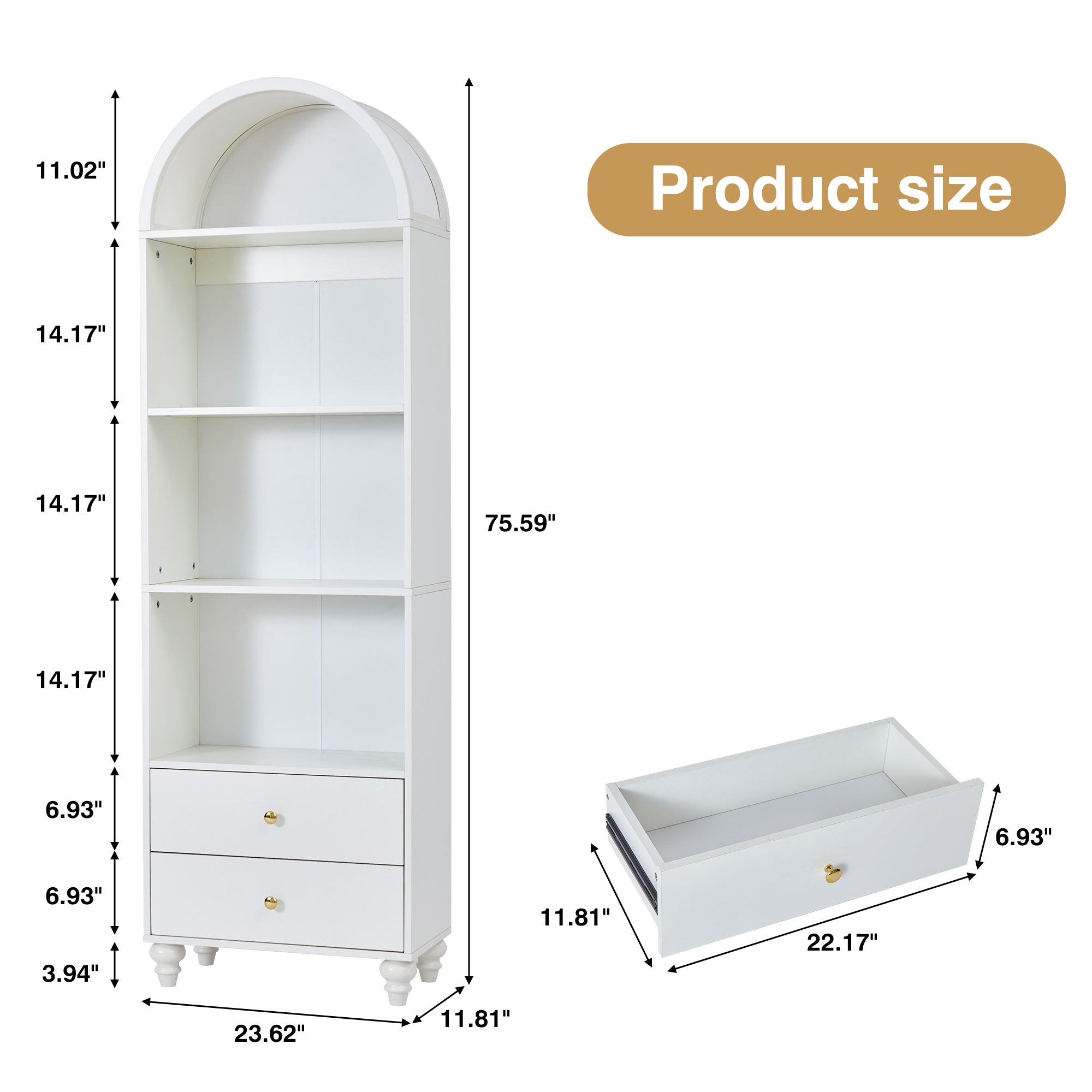 YOCWO 75" Tall Arched Bookcases with 2 Large Drawers & 4 Shelves, Wooden Bookshelf for Living Room Office