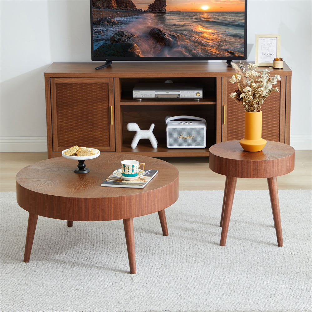 2-Piece Modern Round Coffee Table Set for Living Room, Faux Wood End Table