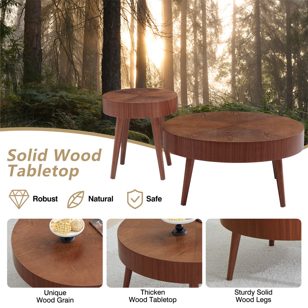 2-Piece Modern Round Coffee Table Set for Living Room, Faux Wood End Table