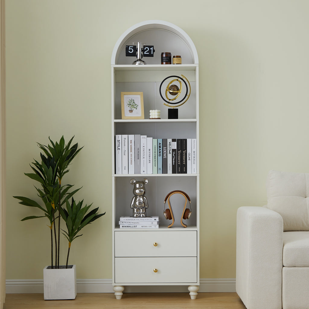 YOCWO 75" Tall Arched Bookcases with 2 Large Drawers & 4 Shelves, Wooden Bookshelf for Living Room Office