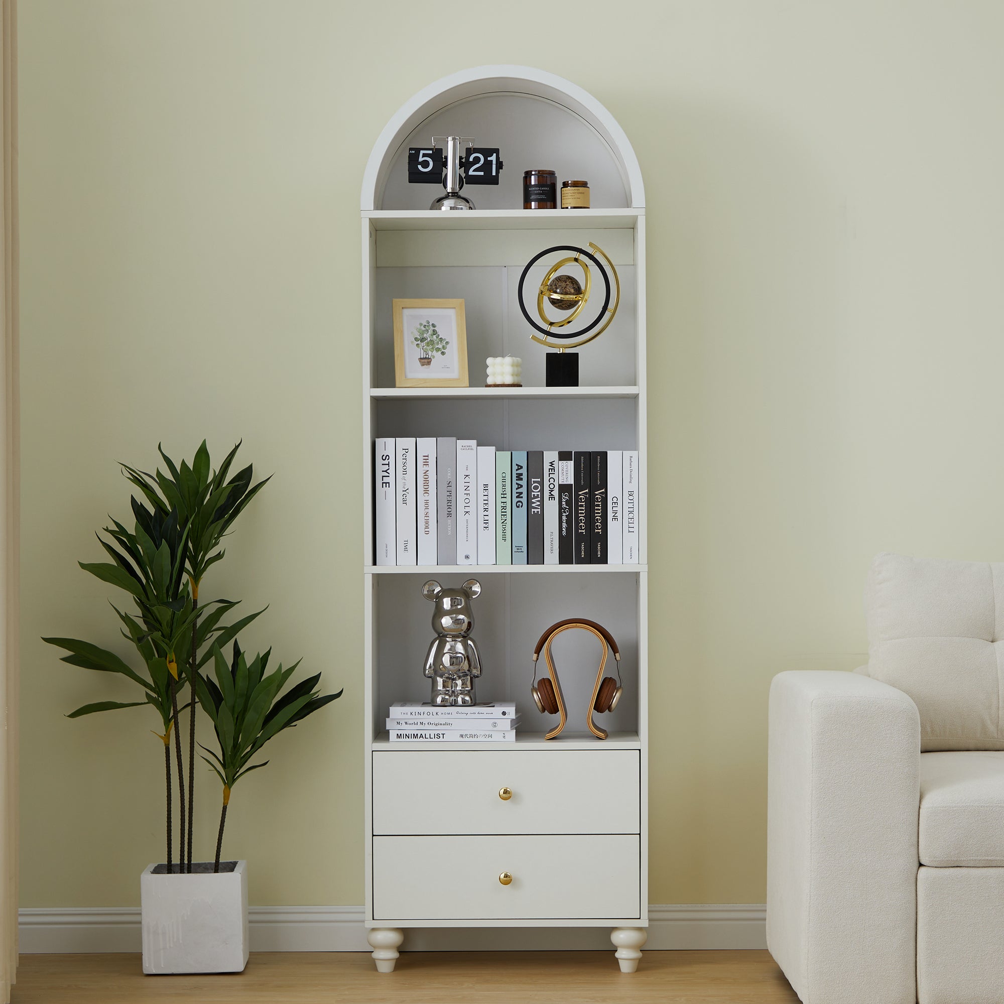 YOCWO 75" Tall Arched Bookcases with 2 Large Drawers & 4 Shelves, Wooden Bookshelf for Living Room Office